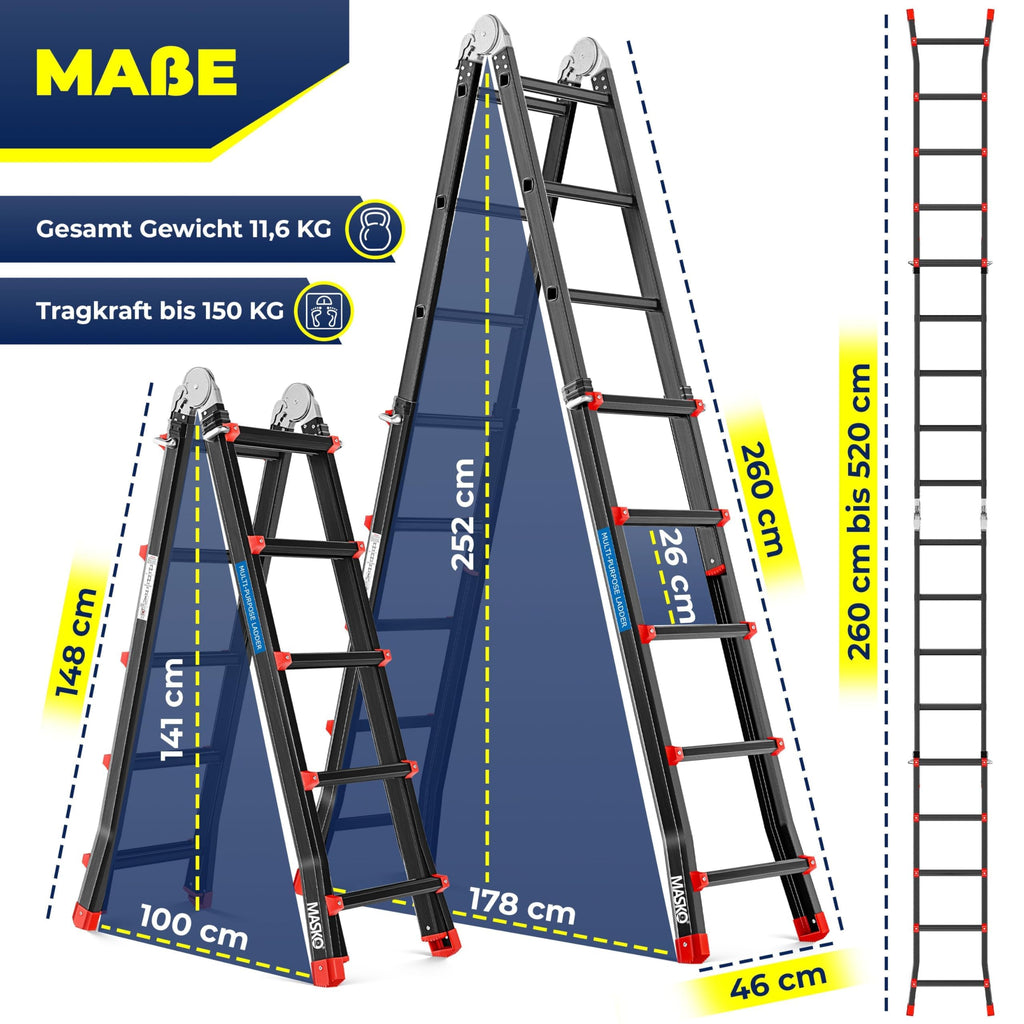 MASKO Aluminium 6in1 Mehrzweckleiter – 20 Sprossen | - 520 cm | 150 Kg, ausziehbar, rutschfest, Multifunktional, Gelenkleiter, Anlegeleiter, Klappleiter, beidseitige Steh- und Treppenleiter | Schwarz