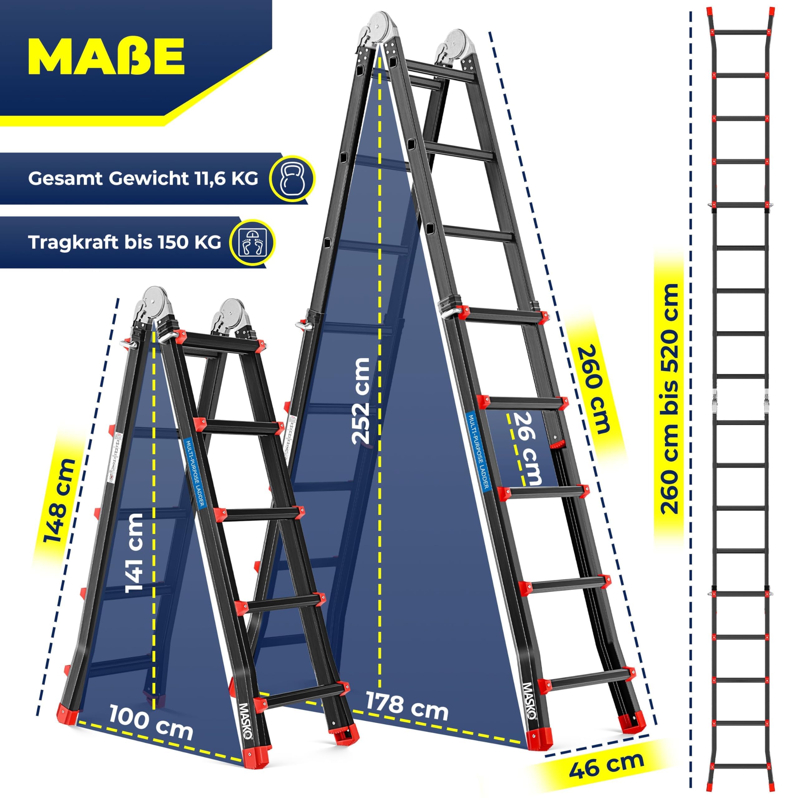 MASKO Aluminium 6in1 Mehrzweckleiter – 20 Sprossen | - 520 cm | 150 Kg, ausziehbar, rutschfest, Multifunktional, Gelenkleiter, Anlegeleiter, Klappleiter, beidseitige Steh- und Treppenleiter | Schwarz