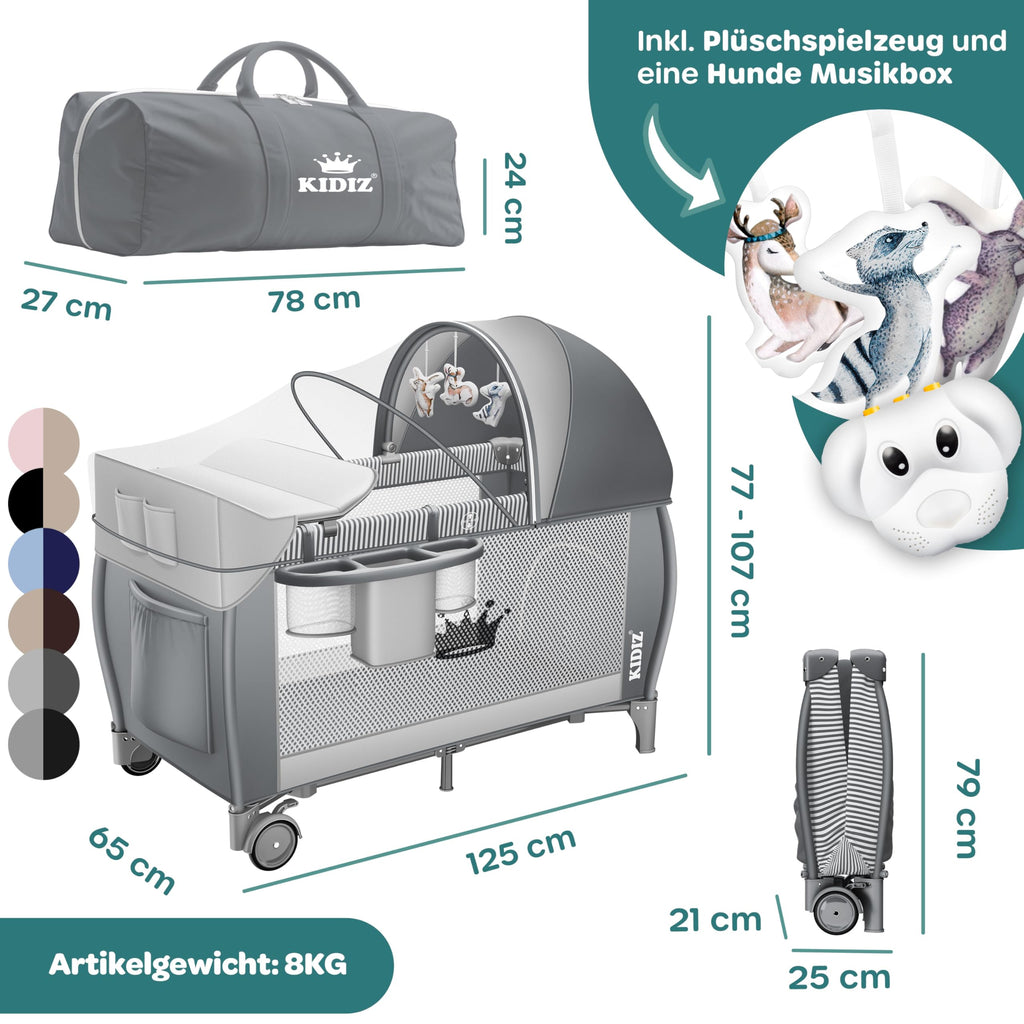 Kidiz® Babybett Reisebett Kinderreisebett klappbar mit Matratze & Räder 120x60, Seiteneingang, Wickelauflage, Moskitonetz & Tragetasche Baby Beistellbett Kinderbett ab Geburt bis 15 kg Grau