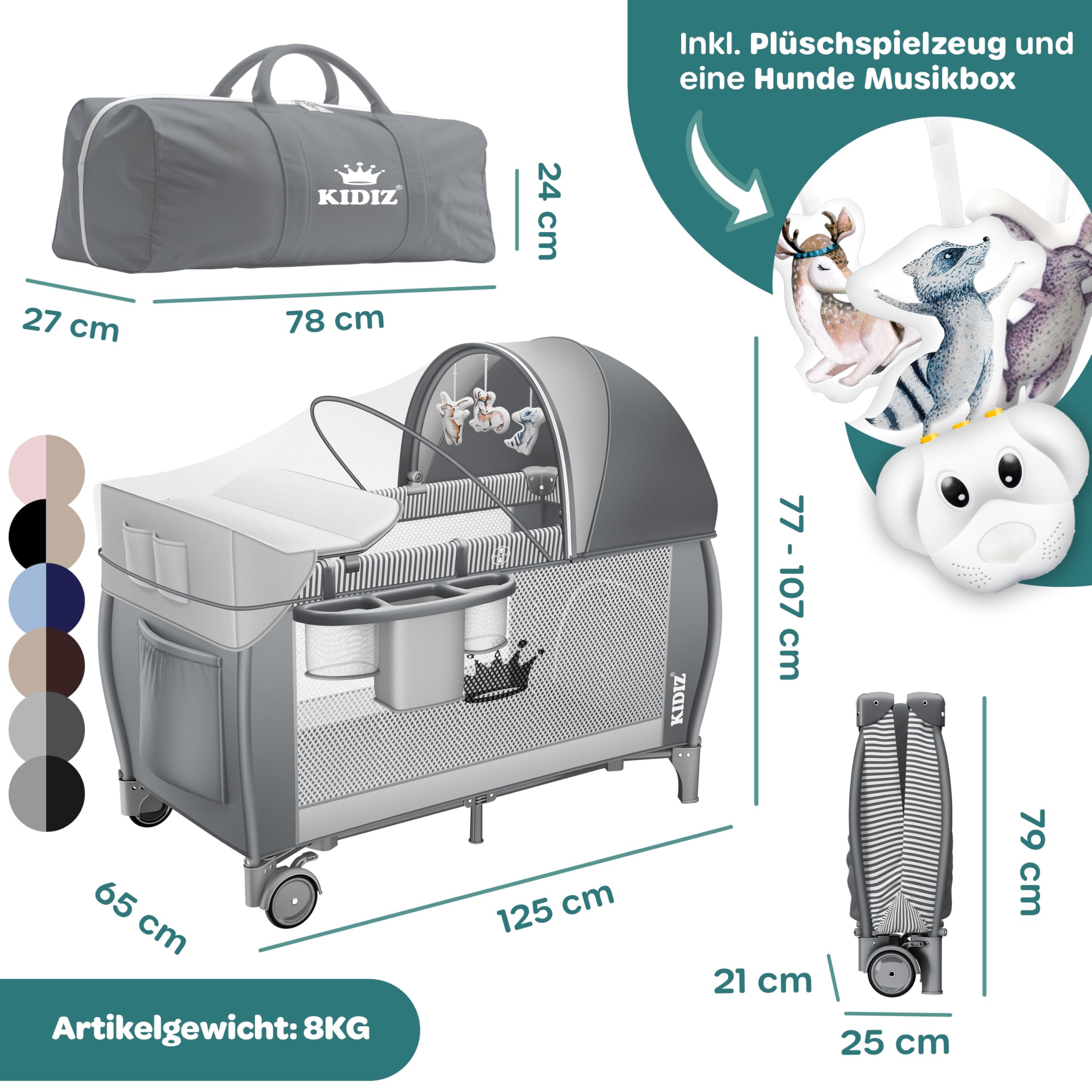 Kidiz® Babybett Reisebett Kinderreisebett klappbar mit Matratze & Räder 120x60, Seiteneingang, Wickelauflage, Moskitonetz & Tragetasche Baby Beistellbett Kinderbett ab Geburt bis 15 kg Grau