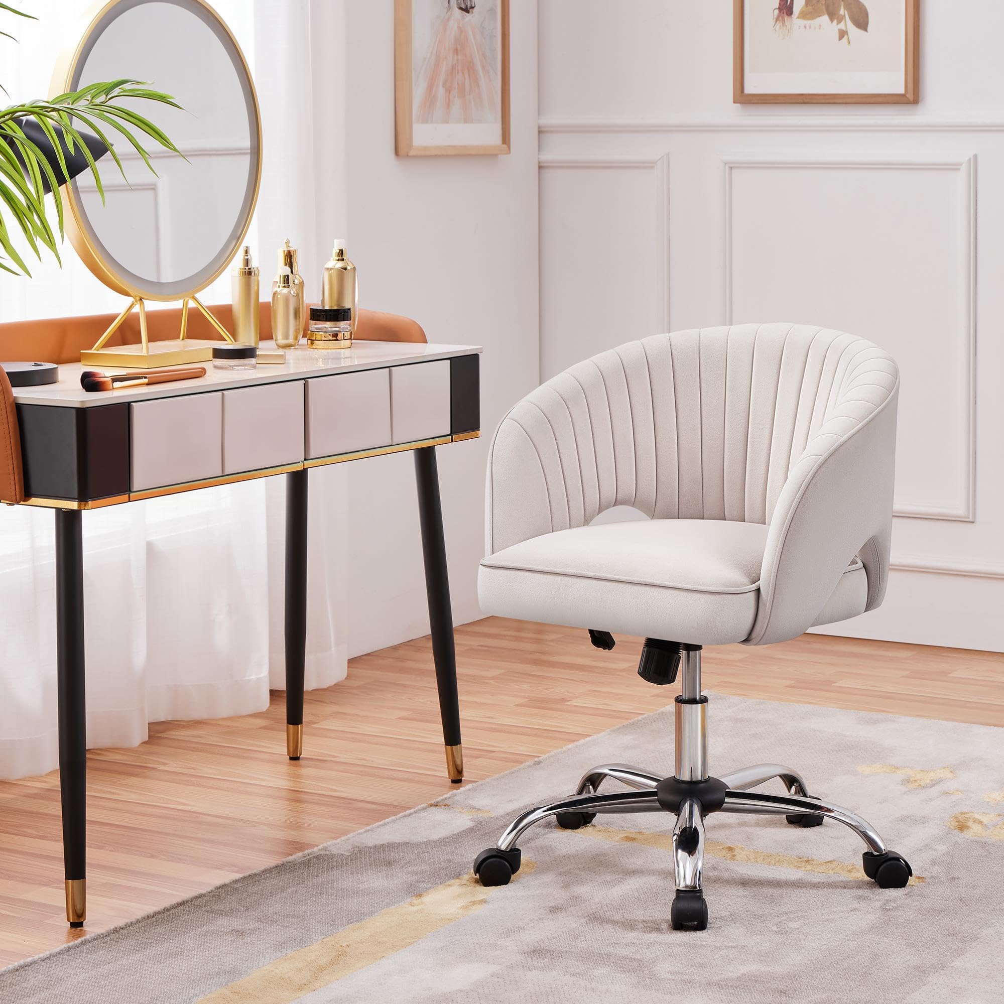 Yaheetech Schminkstuhl mit Samtbezug, Schreibtischstuhl mit Armlehnen, Drehstuhl mit Rollen, Höhenverstellbar Homeoffice Stuhl, Bürosessel mit Schaukelfunktion, drehbar Polsterstuhl Cremeweiß