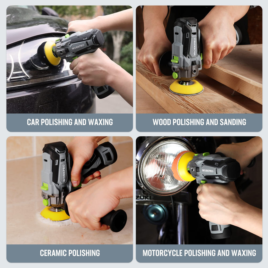 WORKPRO Mini Poliermaschine, 12V Akku Poliermaschine, Auto Poliermaschine Polierer 7500RPM, 2 x 2,0Ah Batterien, 1 Stunde Schnellladung, 75mm Polierschwamm + Wollscheibe, für Auto, Möbeln, Metall