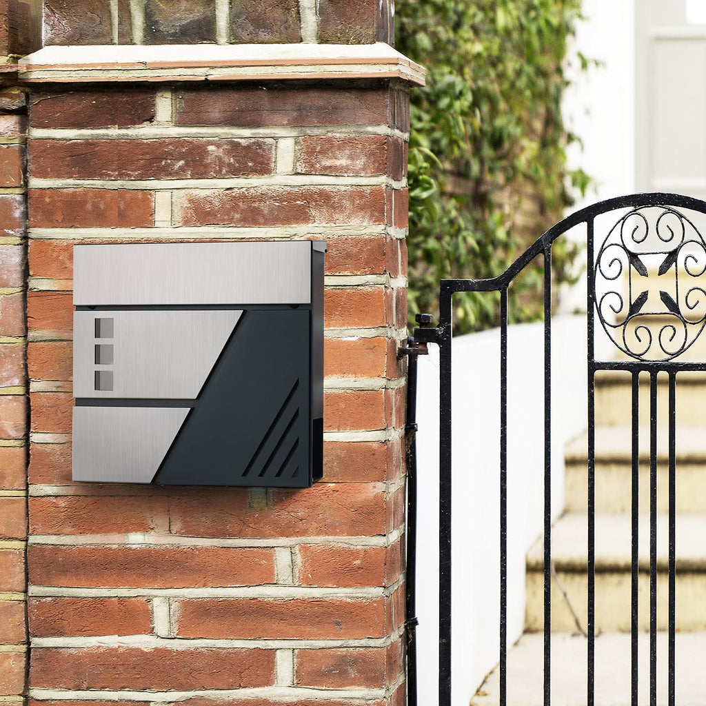 SONGMICS Briefkasten, Wandbriefkasten mit Sichtfenster, für Haustür, mit Schloss und Schlüsseln, silbern-anthrazit GMB053G01