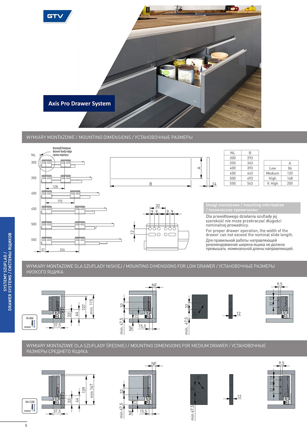 GTV Schubladensystem AXIS PRO - Schubkastengarnitur mit Vollauszug und Soft-Close - Länge 500 mm - Höhe 168 mm - Farbe Anthrazit