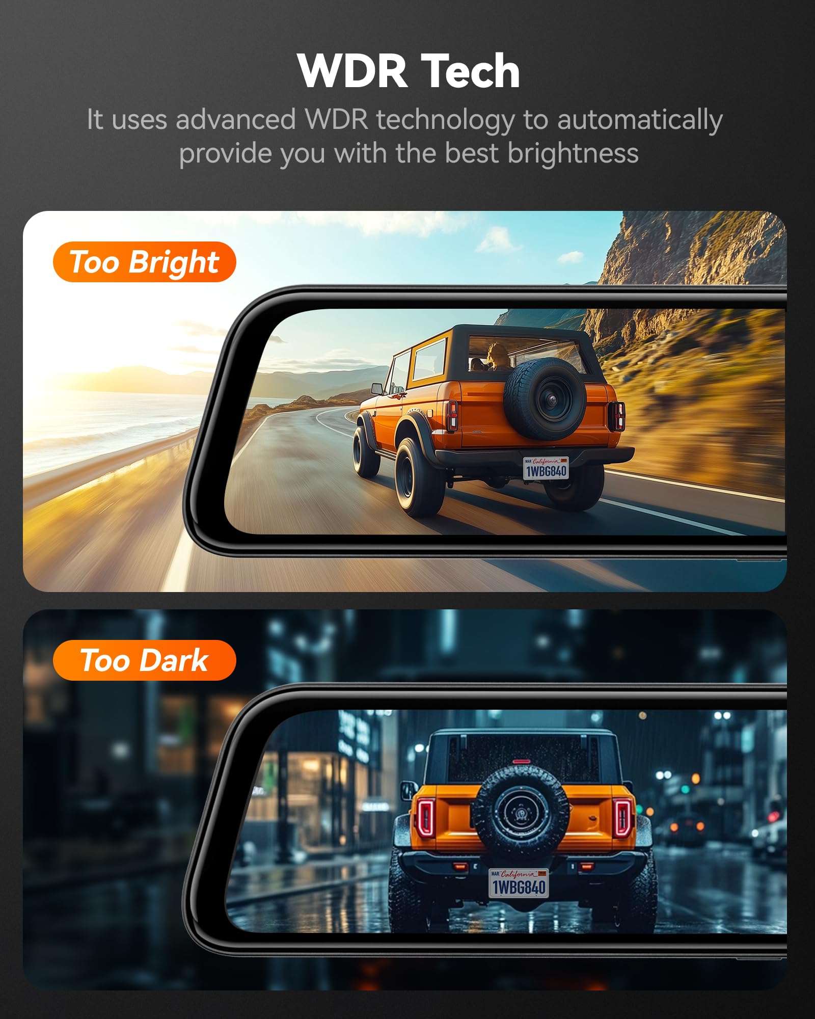 WOLFBOX 12" G840S 4K Spiegel Dashcam mit Rückfahrkamera, 5.8GHz WiFi Auto Kamera mit IPS-Touchscreen Dual Dash Cam Spiegel, Loop-Aufnahme und G-Sensor, Parküberwachung, GPS, kostenlose 32 GB-Karte
