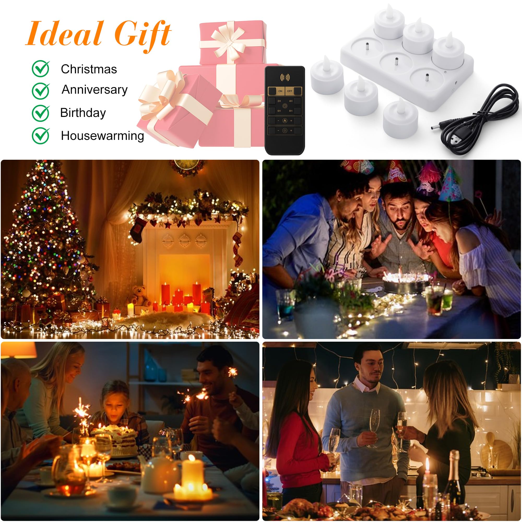 EXTSUD 6 Stück LED Teelichter Aufladbar mit Timer Fernbedienung und Ladestation Elektrische Teelichter LED Kerzen Wiederaufladbar Flackernd Flammenlose Candles für Weihnachten Hochzeiten Haus Deko