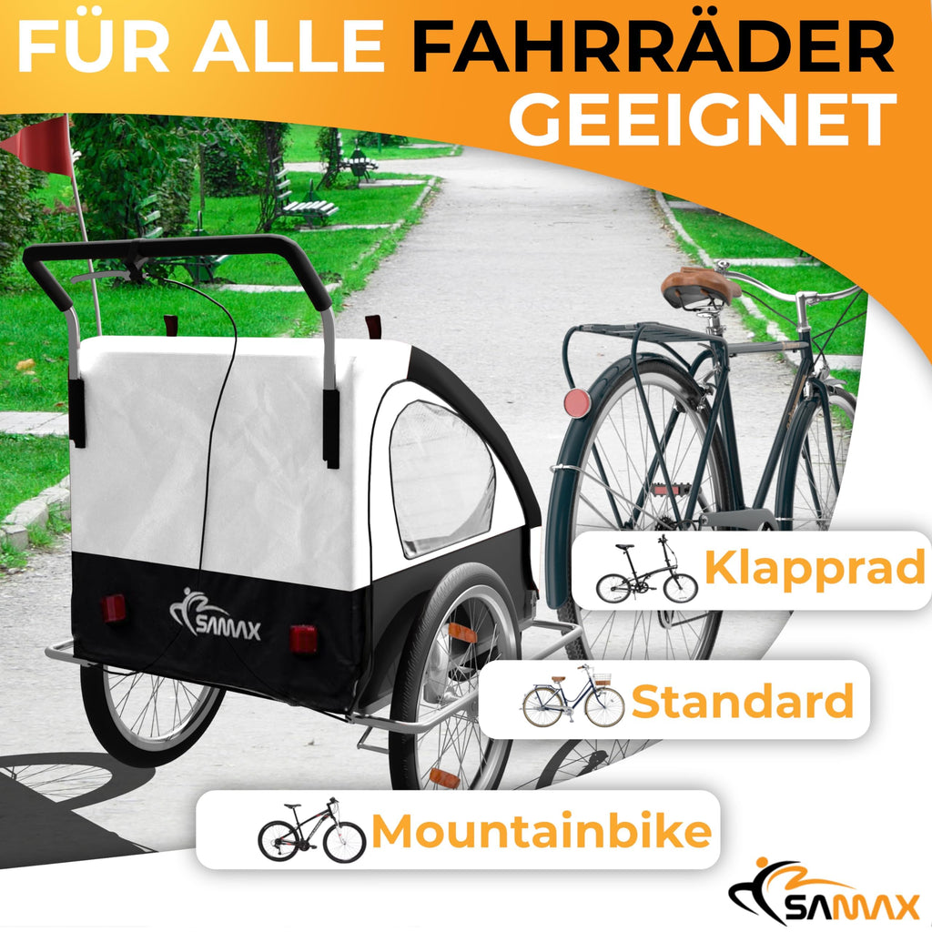 SAMAX Fahrradanhänger Jogger 2in1 Kinderanhänger Kinderfahrradanhänger Transportwagen vollgefederte Hinterachse für 2 Kinder in Weiß/Schwarz - Silver Frame