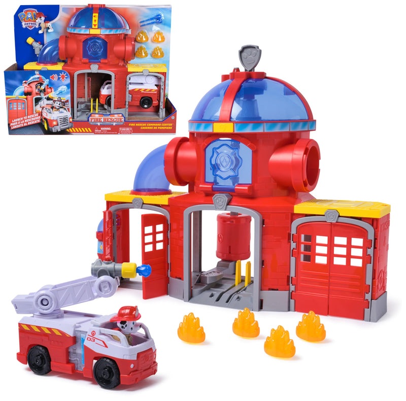 PAW PATROL – Fire Rescue Feuerwehr-Station mit Licht- und Soundeffekten, Wasserkanone, Rutschstange und Startrampe, ca. 38 cm, inkl. Marshall-Figur und Feuerwehrauto, für Kinder ab 3 Jahren