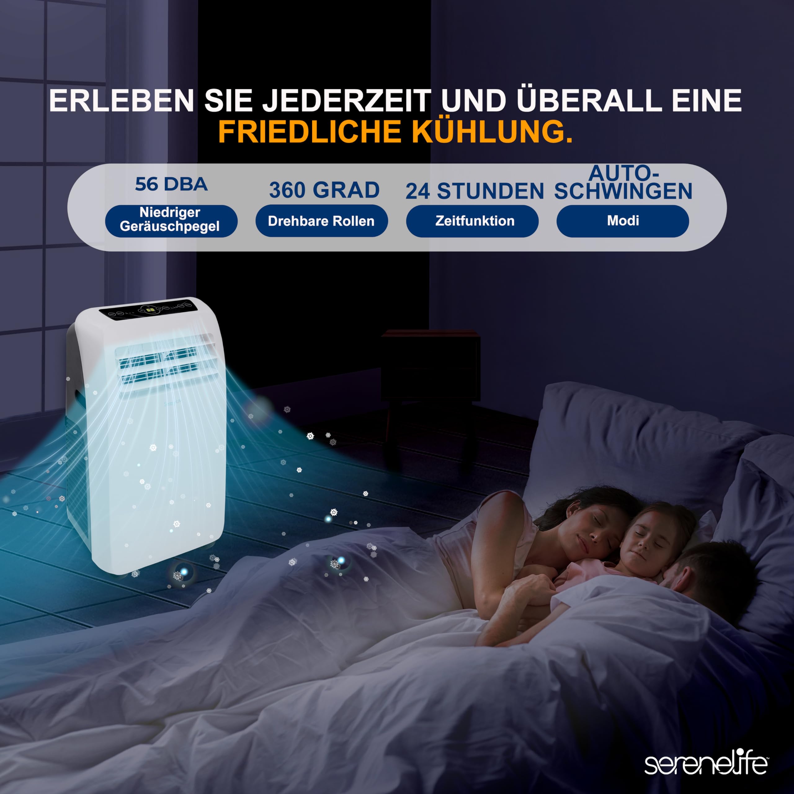 SereneLife Klimaanlage mobil 4-in-1: Luftkühler, Ventilator, Luftentfeuchter + Heizung – Tragbares Klimagerät mit Abluftschlauch, Fernbedienung & Kit für Räume bis 42 m² – Fenster-Montage 9,000 BTU
