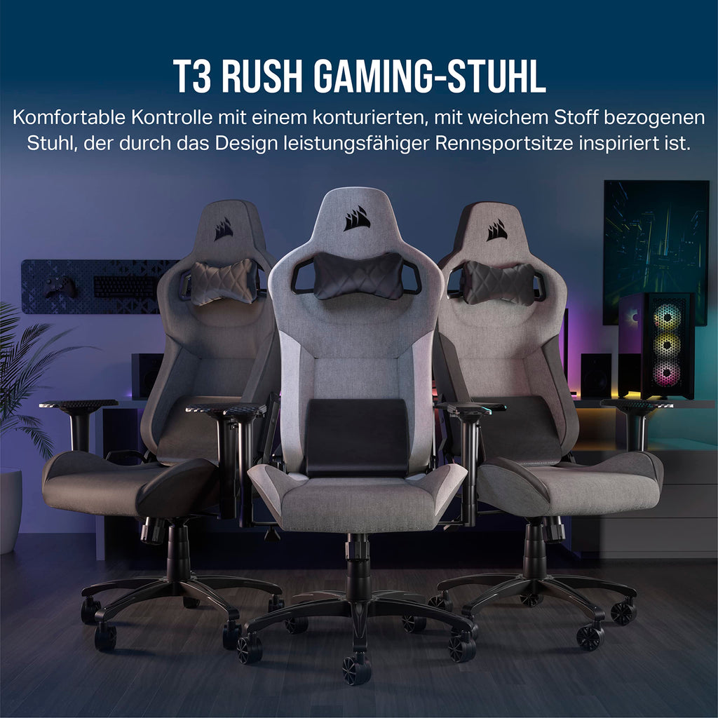 Corsair T3 RUSH Gaming-Stuhl mit Stoffbezug (2023) – Vom Rennsport inspiriertes Design – Bezug aus Weichem – Gepolstertes Nackenkissen – Lendenstütze aus Memory-Schaumstoff – Holzkohle