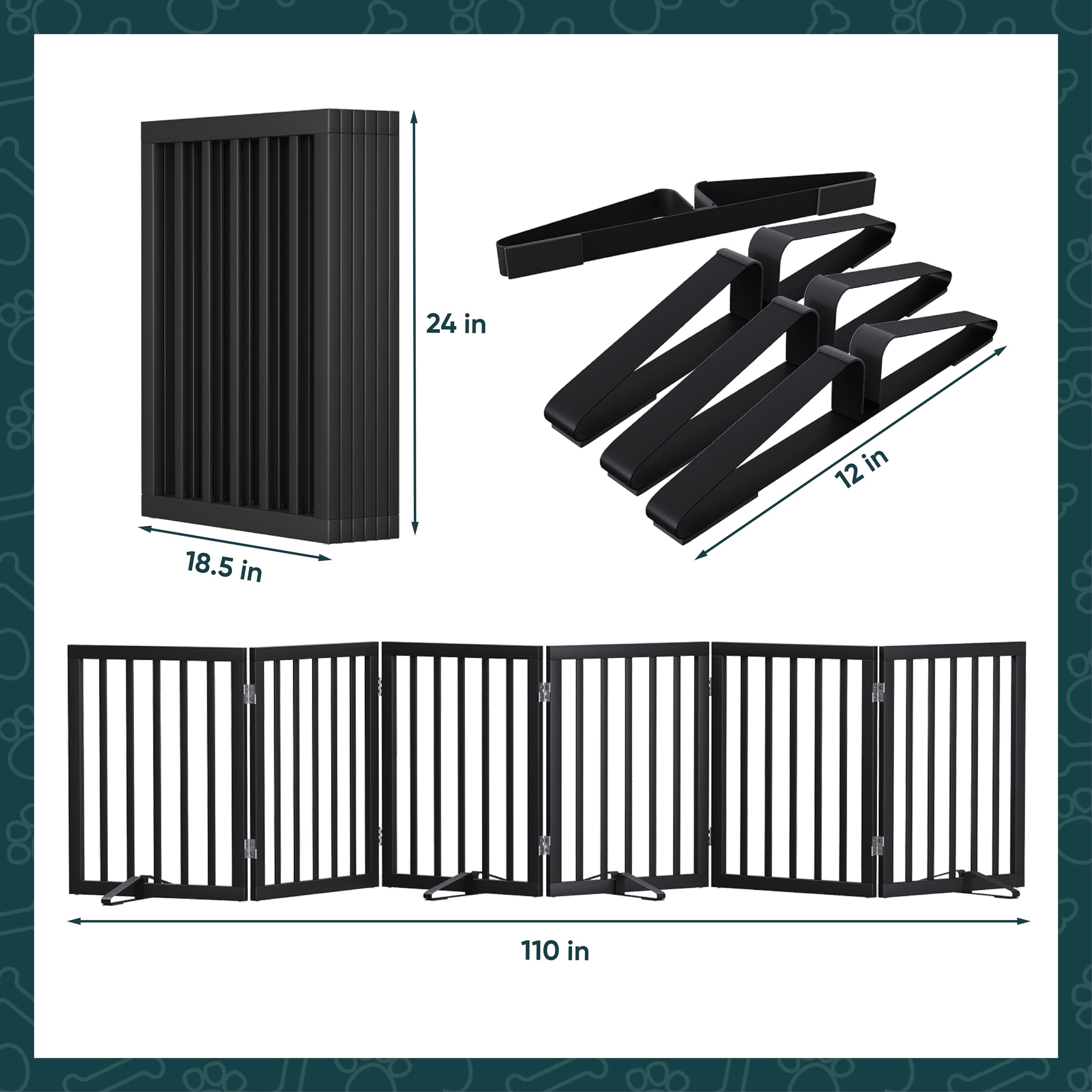 Semiocthome Freistehende Baby- & Haustiergitter aus Bambus, Hunde- und Katzengitter für Türen, Treppenschutzgitter für Welpen, Faltbare Sicherheitsgitter (Schwarz, 3 Panels -60cm Height)