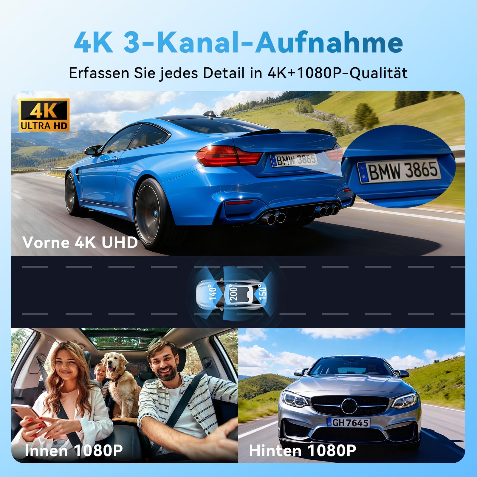 CARTSDOII Dashcam Auto,3 Kanal Vorne Hinten Innen 4K+1080P+1080P Dash Cam,490°Weitwinkel-Rundumschutz,Auto Kamera mit 64GB SD Karte,3.16",Nachtsicht,WDR,WiFi,G-Sensor,Loop-Aufnahme,24H Parküberwachung