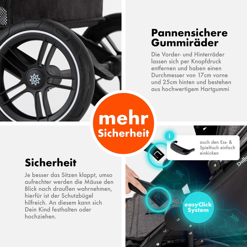 Daliya® Rapidy Buggy Kinderwagen 0-36 Monate Sportwagen mit Liegeposition Wickeltasche, Winterfußsack, Ess- & Spieltisch und mehr (Dunkelgrau - Schwarz)