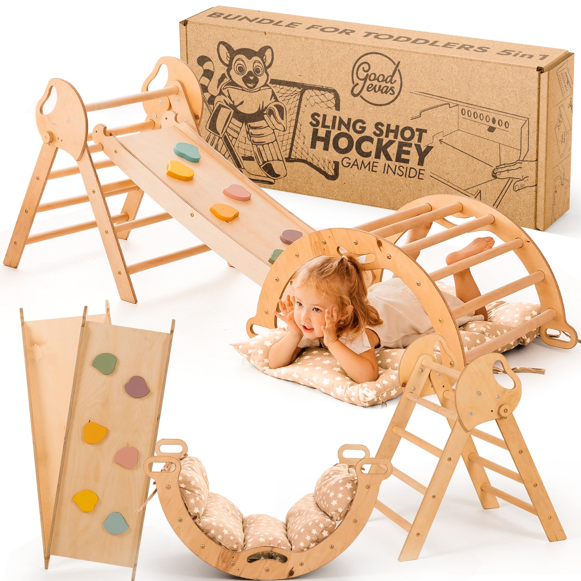 Goodevas 5-in-1 Montessori Klettergerüst Set: Indoor Kletterdreieck, Kletterbogen mit Kissen, und Rutsche für Kinder, Indoor Spielplatz 1-3 Jahre