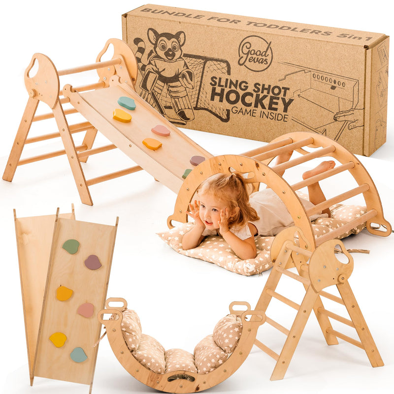 Goodevas 5-in-1 Montessori Klettergerüst Set: Indoor Kletterdreieck, Kletterbogen mit Kissen, und Rutsche für Kinder, Indoor Spielplatz 1-3 Jahre