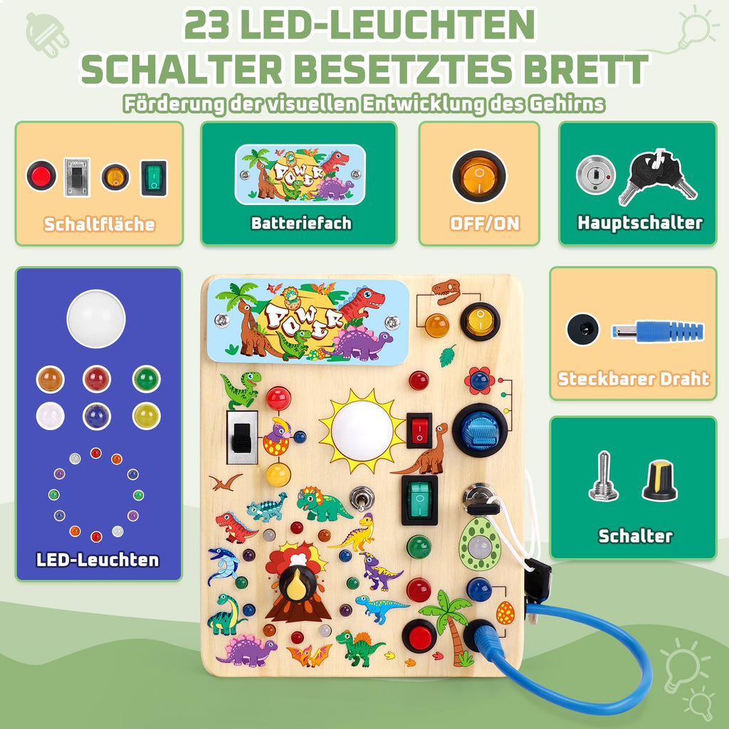 Dinosaurier Busy Board Montessori Spielzeug ab 1 jahr Activity Board Holzspielzeug Mit 10 Schaltern und 23 LED Lichtern Sensorik Spielzeug Motorikspielzeug für Babys und Kinder ab 1 2 3 4 Jahre Jungen