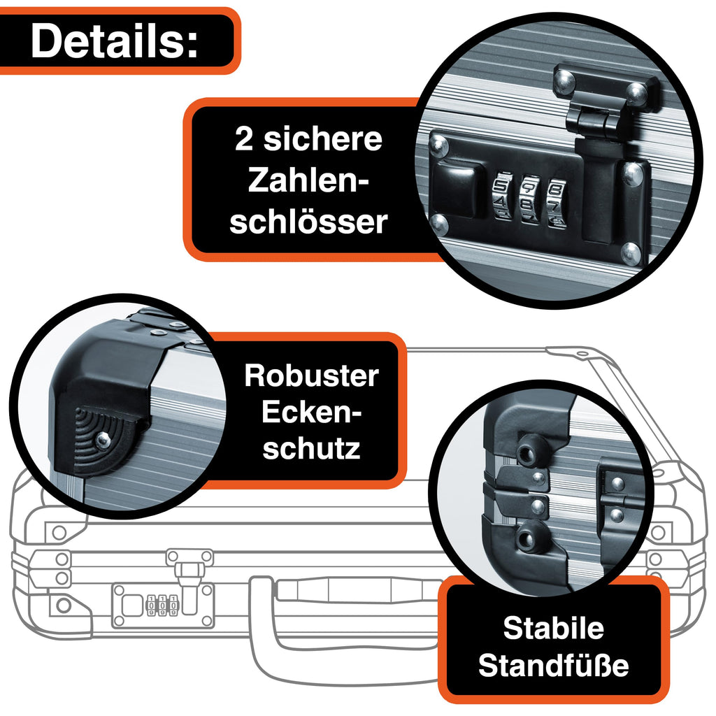 TitanCase M - Alukoffer 40x30x10 cm mit Würfelschaum, Universalkoffer, Drohnenkoffer, Pistolenkoffer, Werkzeugkoffer leer, mit Zahlenschloss, Titangrau