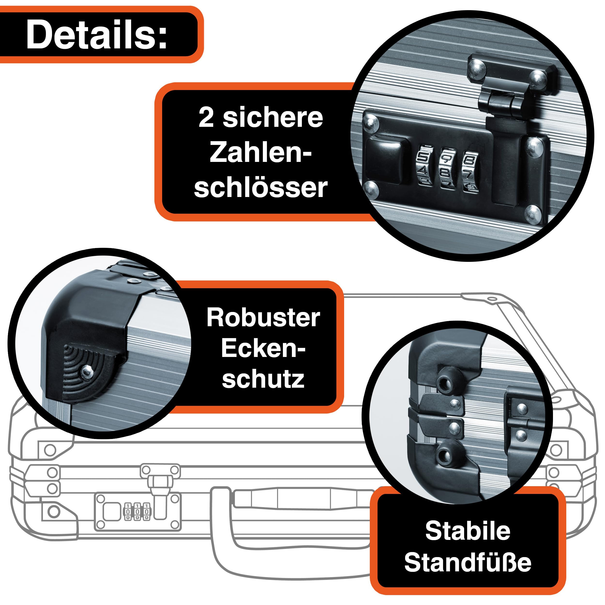 TitanCase M - Alukoffer 40x30x10 cm mit Würfelschaum, Universalkoffer, Drohnenkoffer, Pistolenkoffer, Werkzeugkoffer leer, mit Zahlenschloss, Titangrau