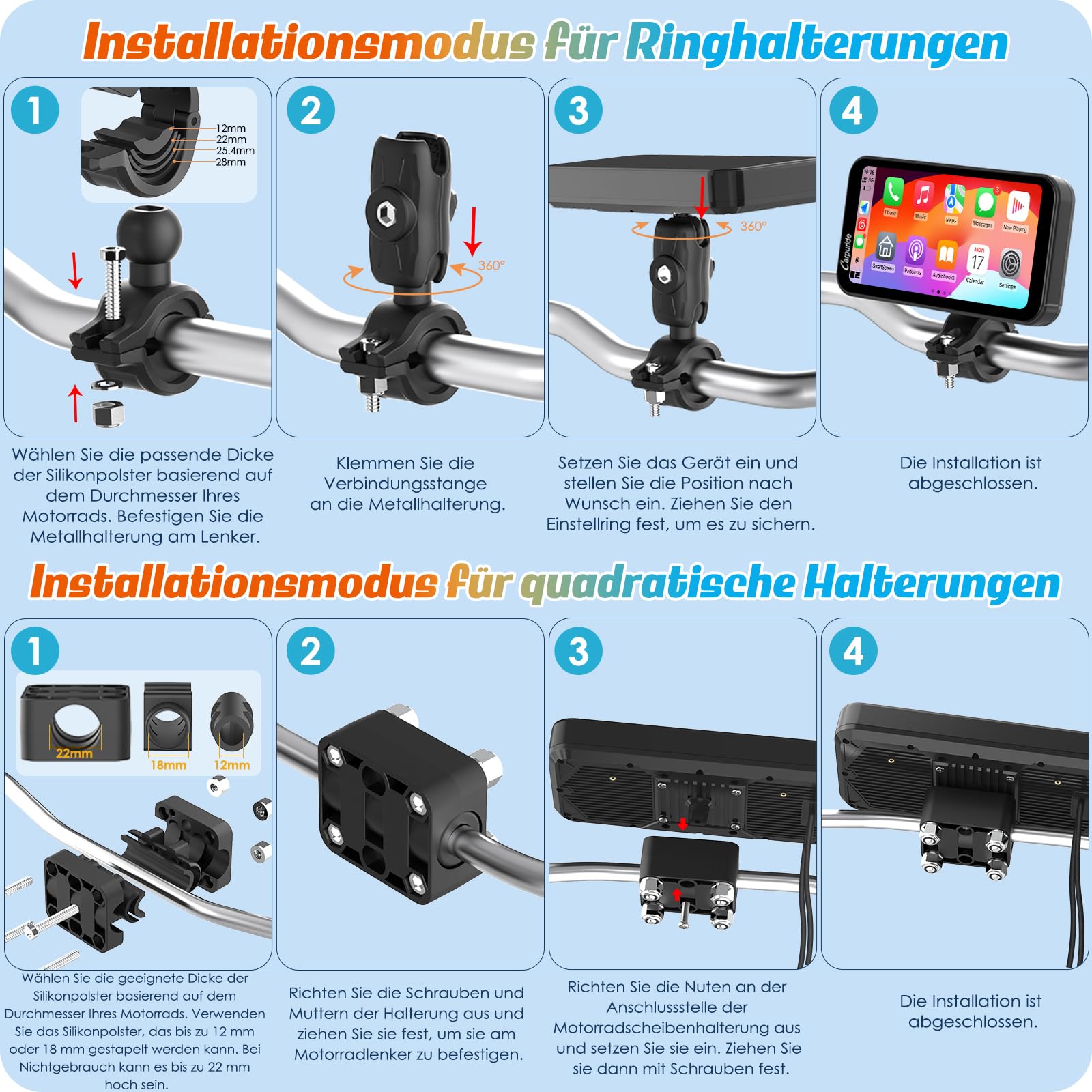Carpuride W603 Motorrad-Carplay-Bildschirm, Kabelloses CarPlay und Android Auto für Moto, Fernbedienung, 6,3-Zoll-wasserdichter Touchscreen, BT Audio, GPS-Navigation, Siri, G00gle-Assistent