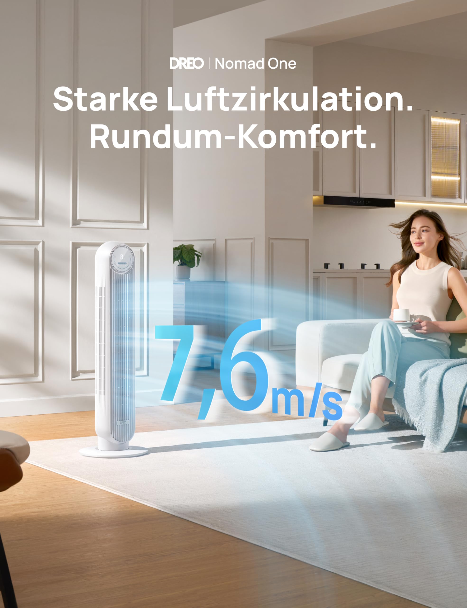 Dreo 20dB Leiser Turmventilator, 10 m Wurfweite 4 Geschwindigstufen 4 Modi 8 Std. Timer 90° oszillierende Ventilator mit Kühlung Fernbedienung für Schlafzimmer, Nomad One, Weiß