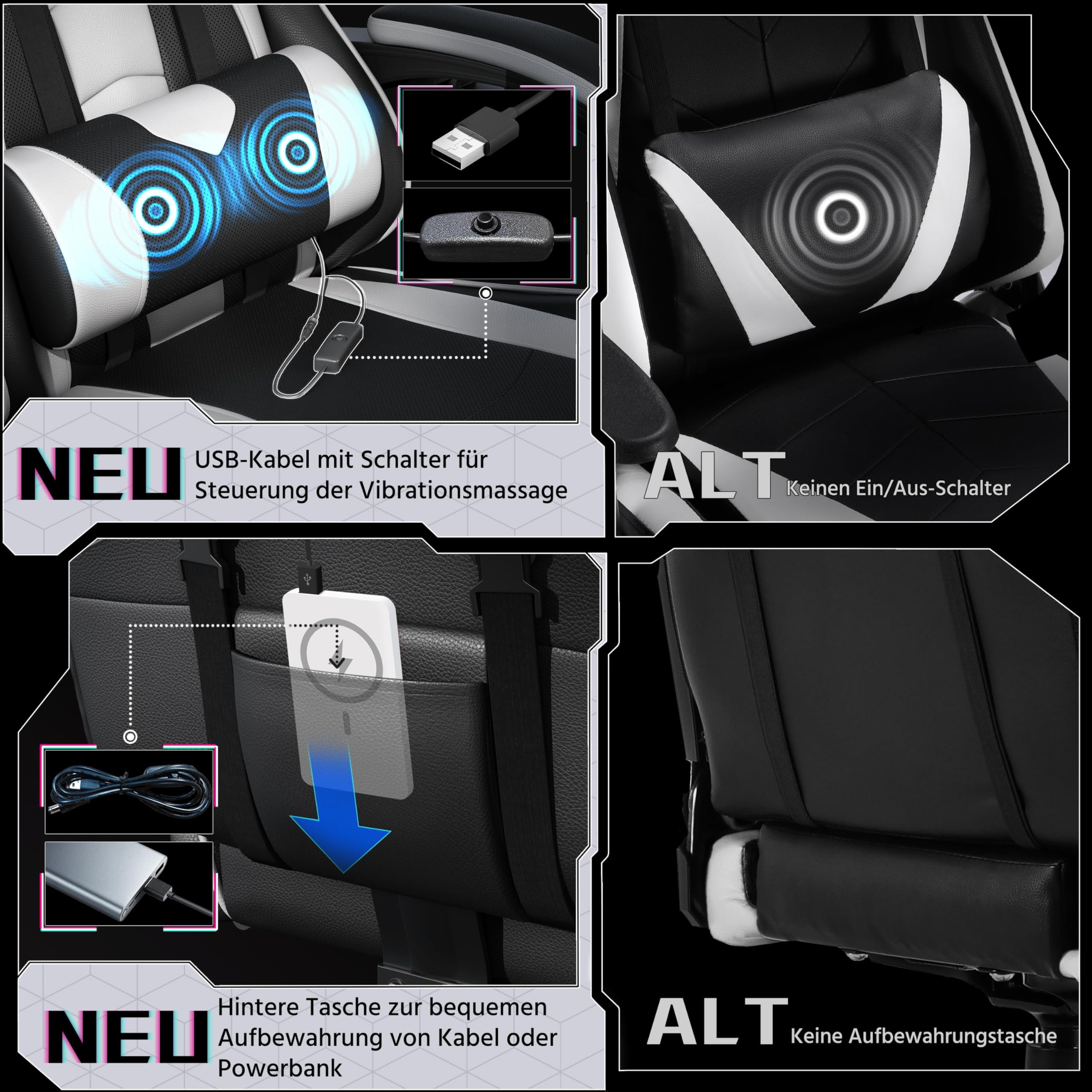 Yaheetech Gaming Stuhl Ergonomischer Gamer Stuhl mit Massagefunktion Computerstuhl mit Fußstütze Bürostuhl 90-135° Rückenlehne verstellbar Gaming Sessel PC Stuhl Weiß