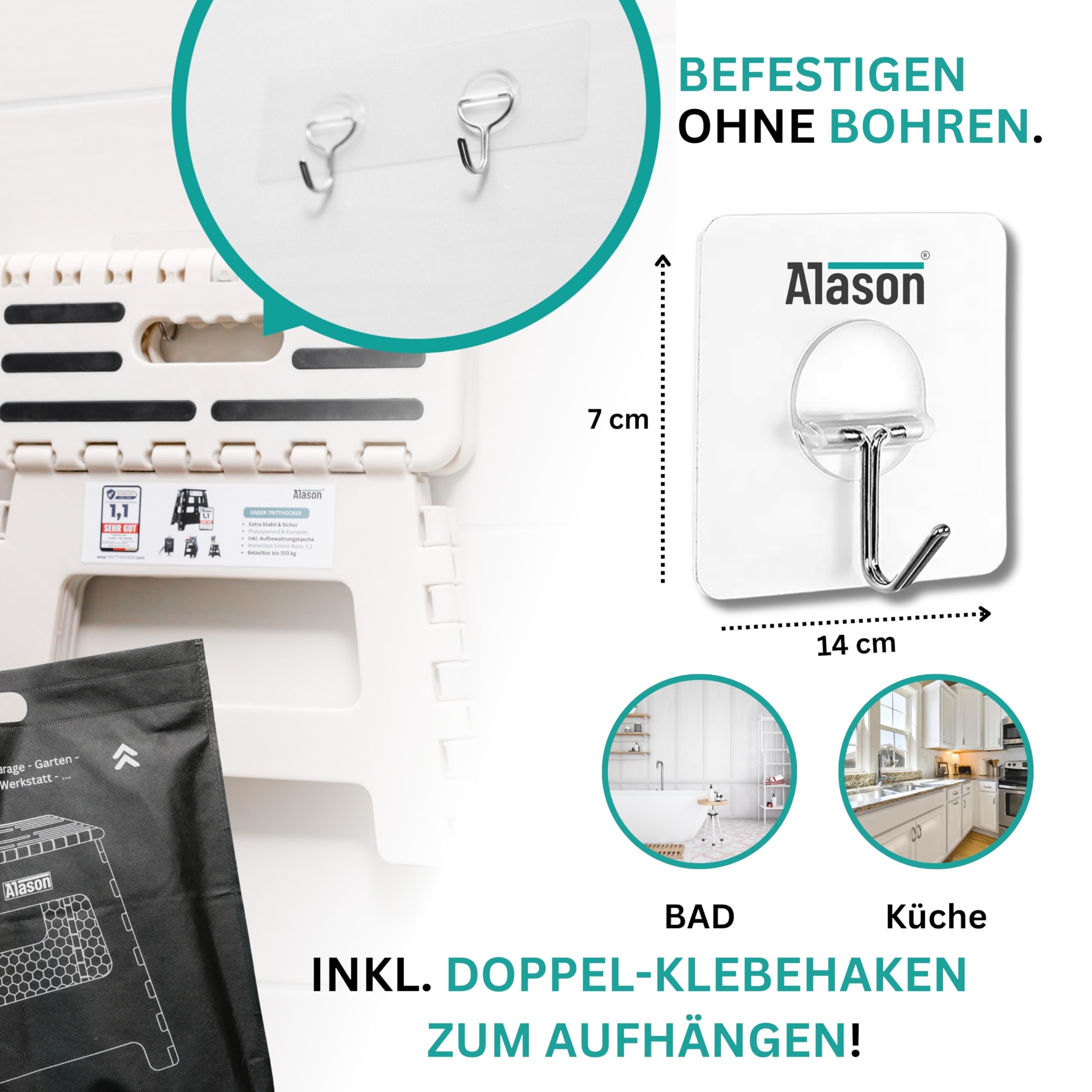 VERGLEICHSSIEGER - Alason® Tritthocker Klappbar 39 cm, Belastbar bis 200 kg – Mit Aufhängehaken & Aufbewahrungstasche – Platzsparender, Faltbarer Hocker in Weiß/Beige für Zuhause, Küche, Bad & Garage