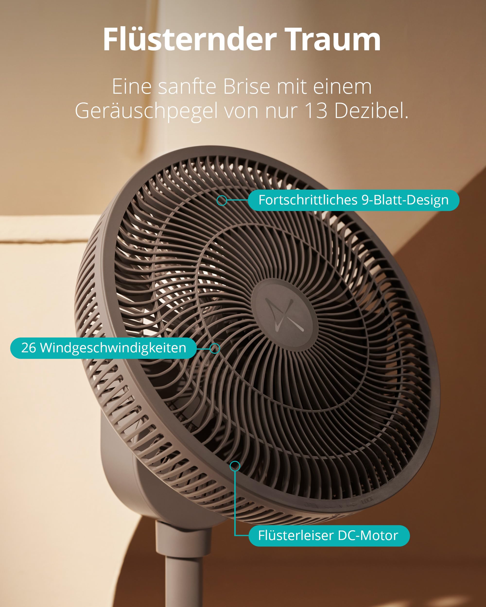 Duux Whisper 2 Standventilator Leise - Sparsamer DC-Motor mit 26 Geschwindigkeiten - Ventilator Höhenverstellbar (73-95cm) - Horizontale + Vertikale Oszillation - Grau