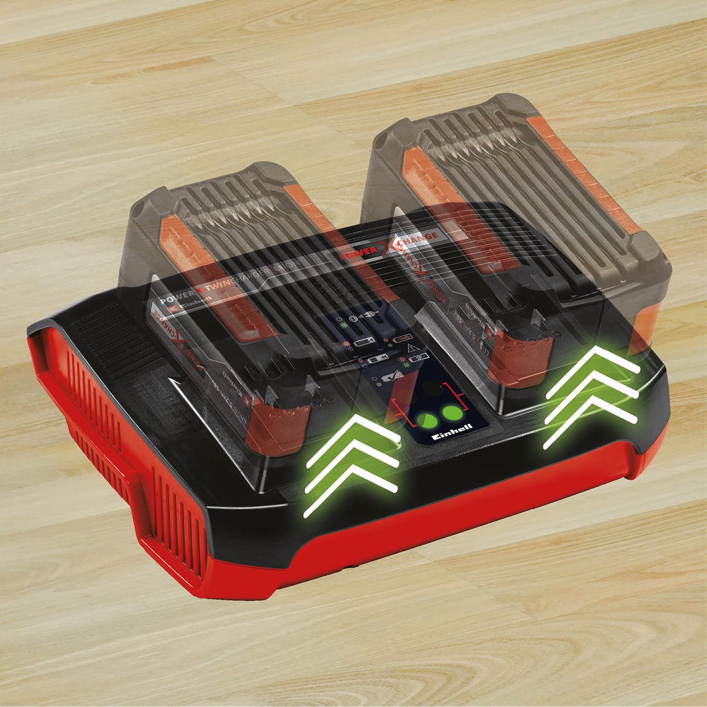 Original Einhell Ladegerät Power X-Twincharger 3A Power X-Change (Li-Ion, 18V, gleichzeitiges Laden von 2X 18V Akkus, permanente Akkuüberwachung + int. Lademanagement, 6-fache Zustands-LED-Anzeige)