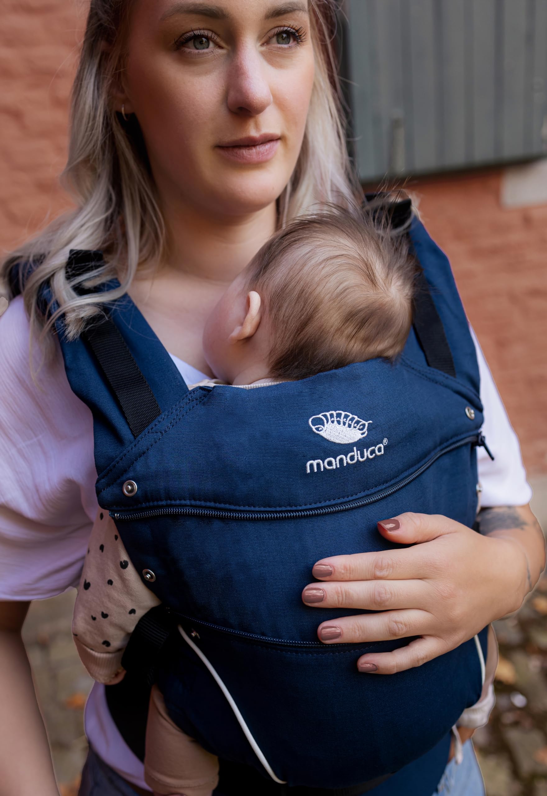 manduca First Babytrage - Verstellbarer und vielseitiger Tragesitz für Babys und Kleinkinder (3,5-20 kg) - Babytrage mit Front-, Hüft- und Rückentragefunktion ,Navy
