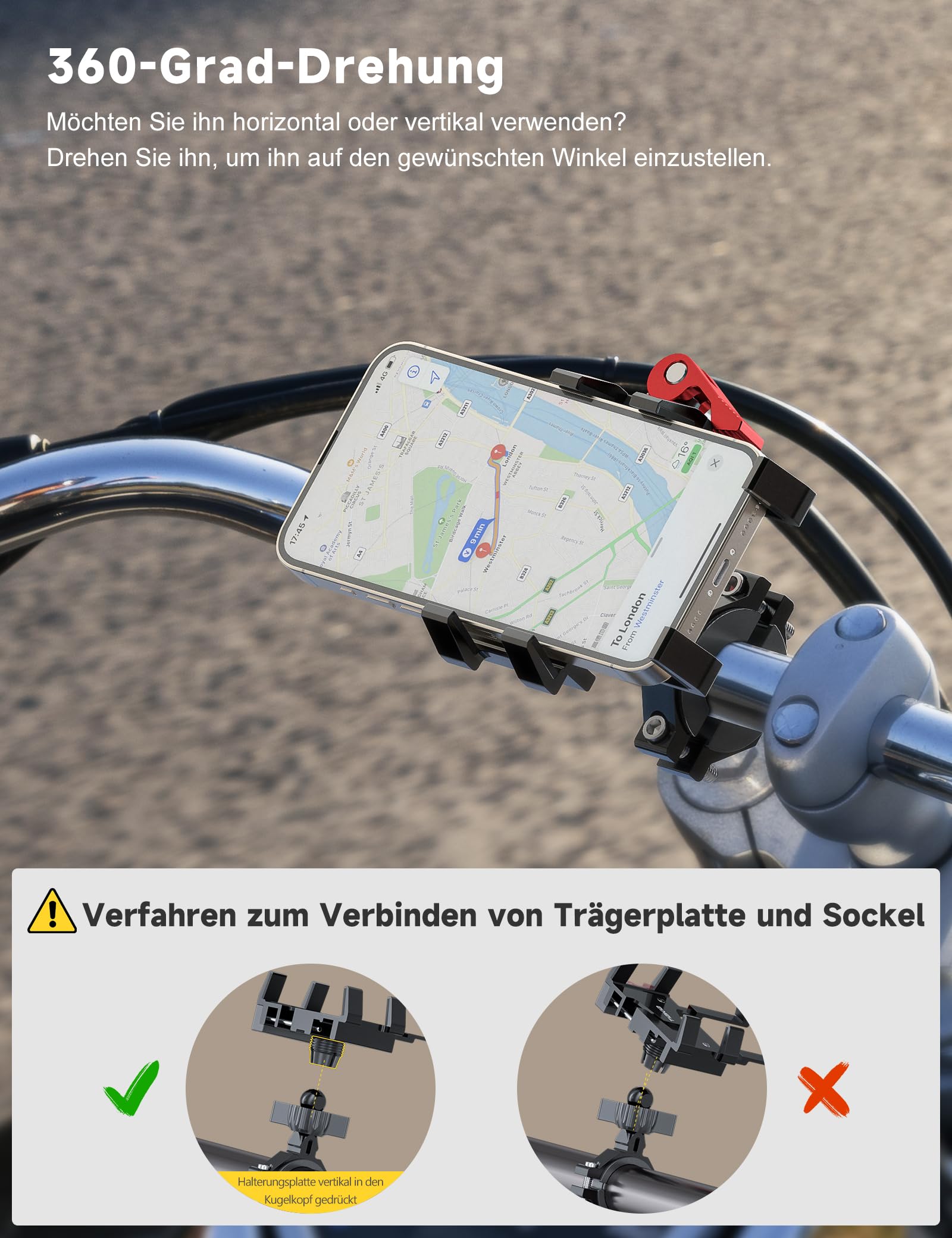 Tiakia Handyhalterung Fahrrad Aluminium Motorrad Handyhalter 6 Krallen mit 360° Drehung, Universal Handyhalter Werkzeugfreie Installation für 4,5-7 Zoll-Telefone (Aufgewertetes Schwarz Rot)