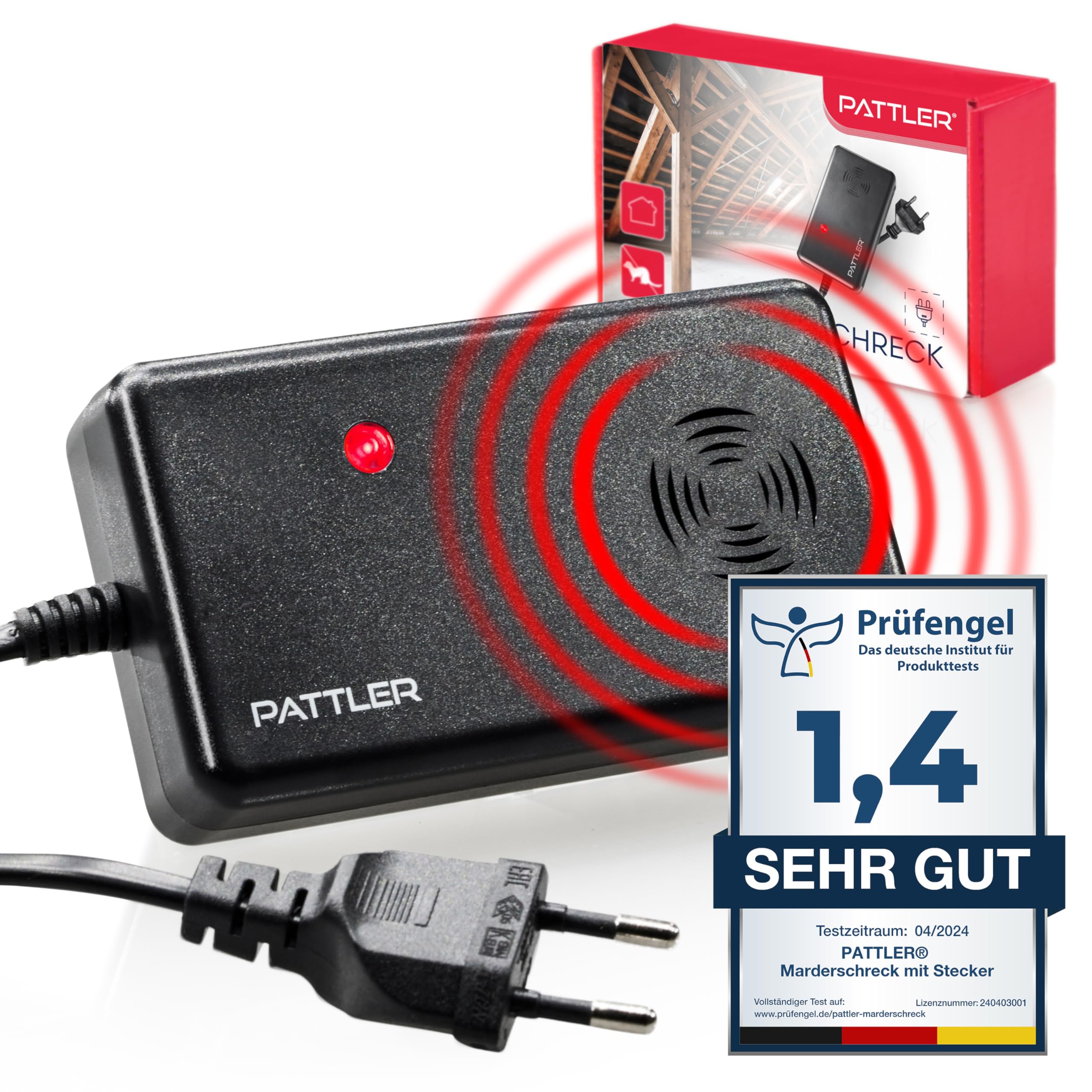 PATTLER ® Marderschreck Auto mit Stecker - für 60m². Marderschreck für Dachboden, Haus, Garten, Garage. Anschluss an Steckdose. Marderabwehr Dachboden mit Ultraschall - 1 Stück