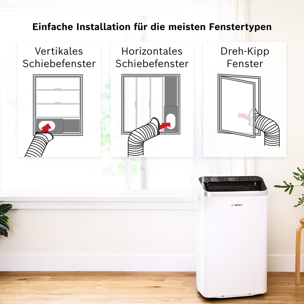 Bosch Cool 4000 Mobiles Klimagerät - 3-in-1 Klimaanlage, Luftentfeuchter, Ventilator - 2,6 kW für Räume bis zu 35m² - Mit Auto-Modus, Silent-Modus Sleep-Modus