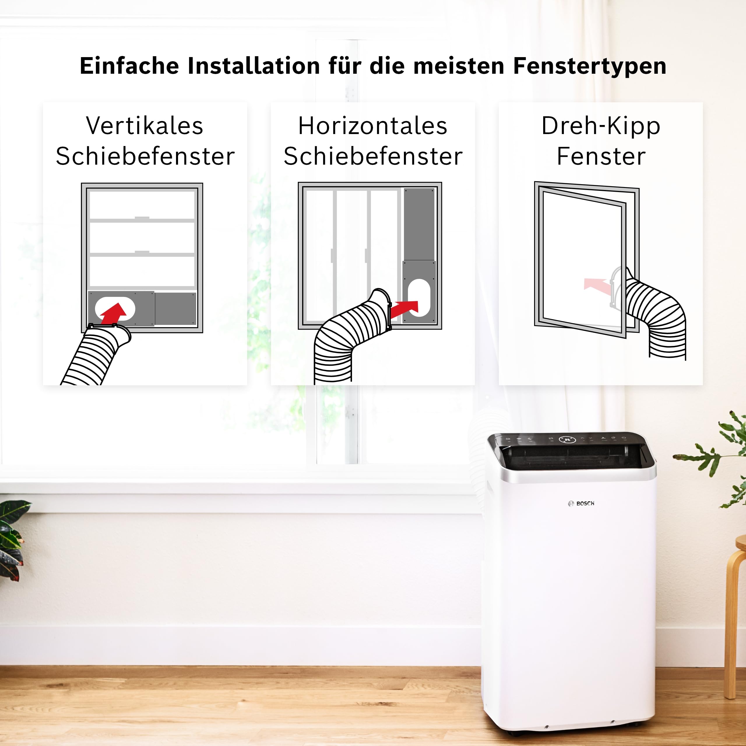 Bosch Cool 4000 Mobiles Klimagerät - 3-in-1 Klimaanlage, Luftentfeuchter, Ventilator - 2,6 kW für Räume bis zu 35m² - Mit Auto-Modus, Silent-Modus Sleep-Modus