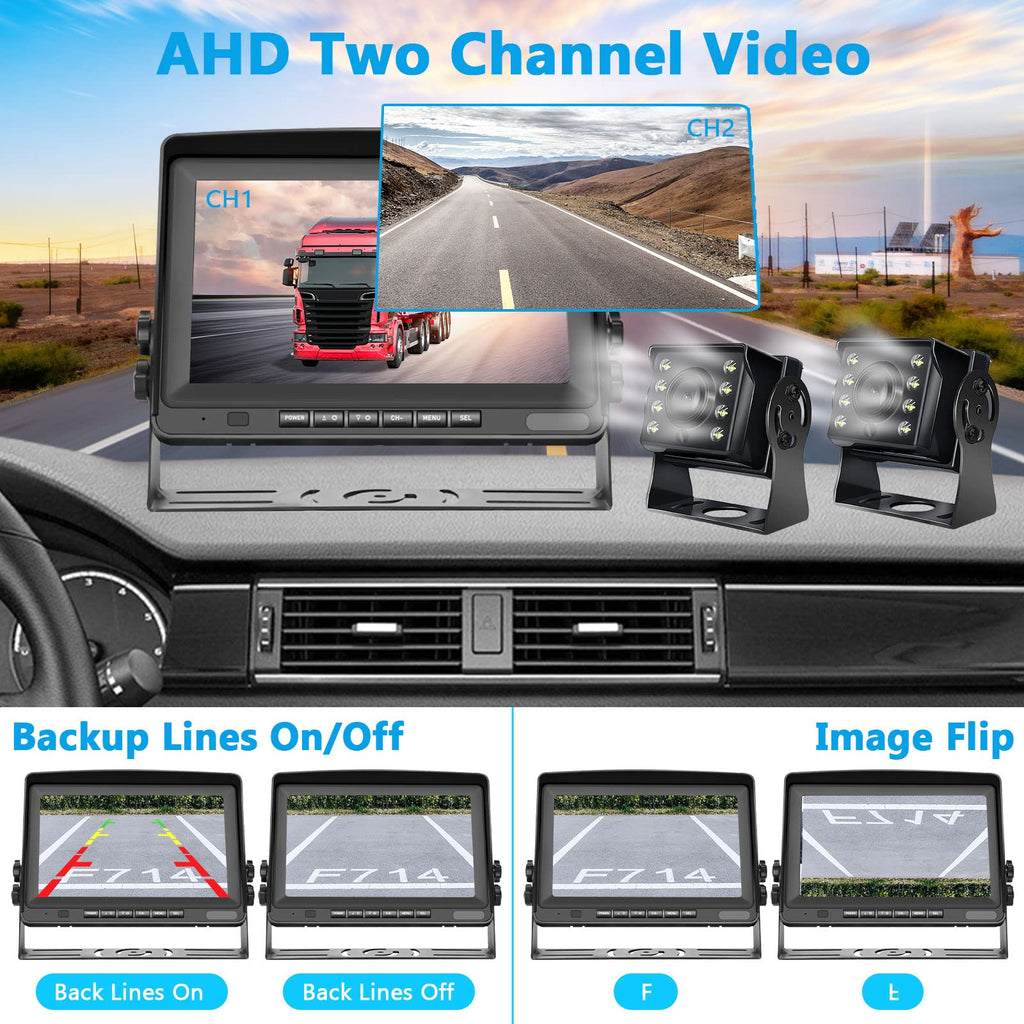 Hodozzy Rückfahrkamera Auto mit 8 Zoll LCD Monitor, AHD 1080P 2*Kameras IP69 Wasserdicht Super Nachtsicht, Rückfahrkamera Kabel 12V-24V für Wohnmobil/LKW/Anhänger/Bus/Vans, mit 15m+5m Kabel