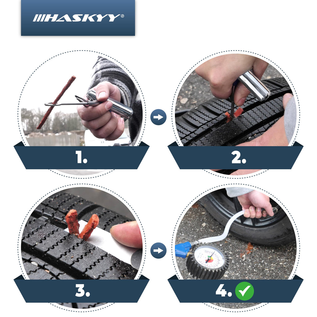 HASKYY Reifenreparaturset Reifenflickzeug Auto Reifen Reparatur Kit 53tlg - All in One Pannenset für Auto, Motorrad, ATV, SUV - Gummistreifen, Ventilwerkzeug, T-Griff & Cutter