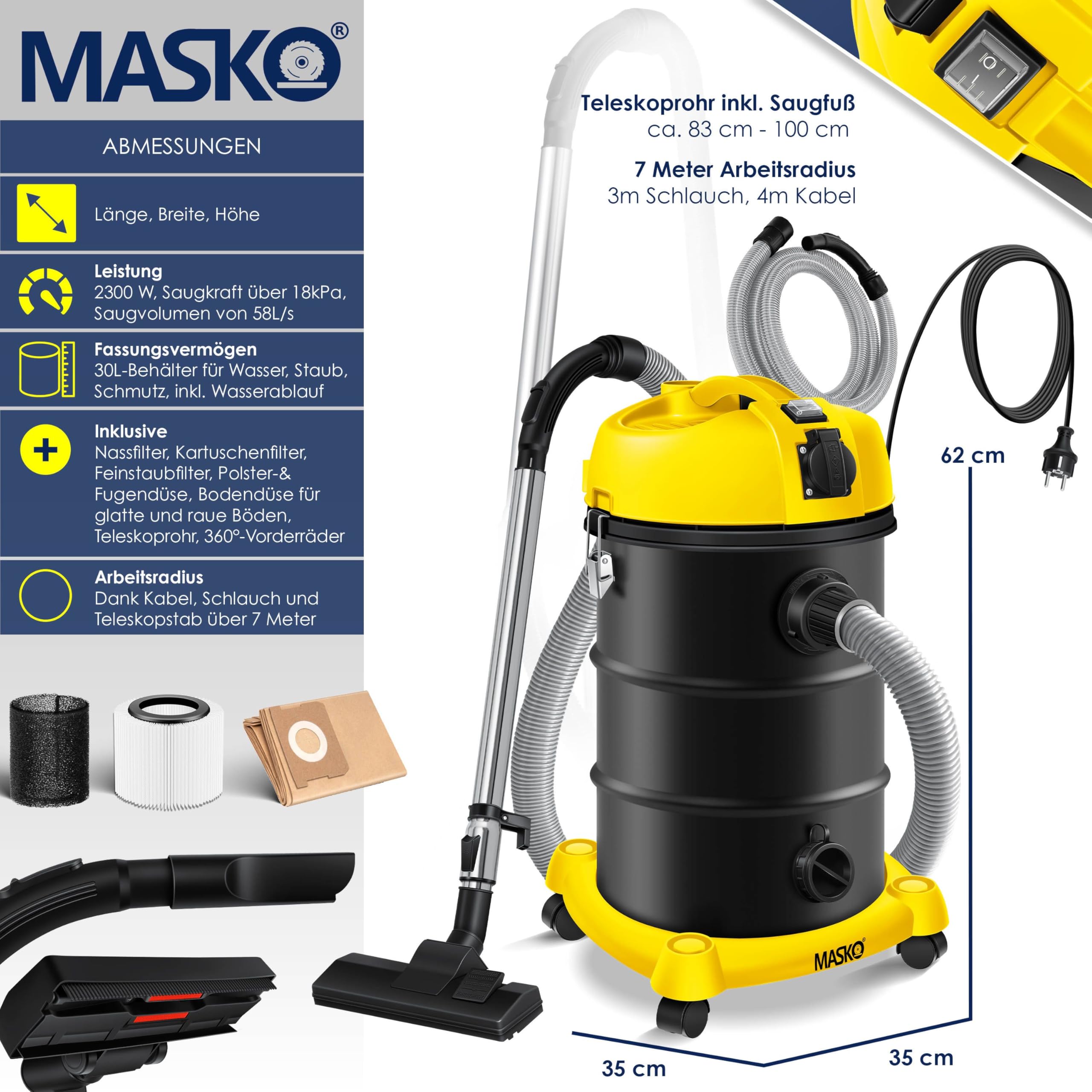 MASKO® 6IN1 Industriestaubsauger Staubsauger Nass Trocken Sauge Aschesauger 2300W + Steckdose✓ Blasfunktion ✓ Trocken-Saugen & Nass-Saugen | Industrie-Sauger mit & ohne Beutel | beutellos, Gelb