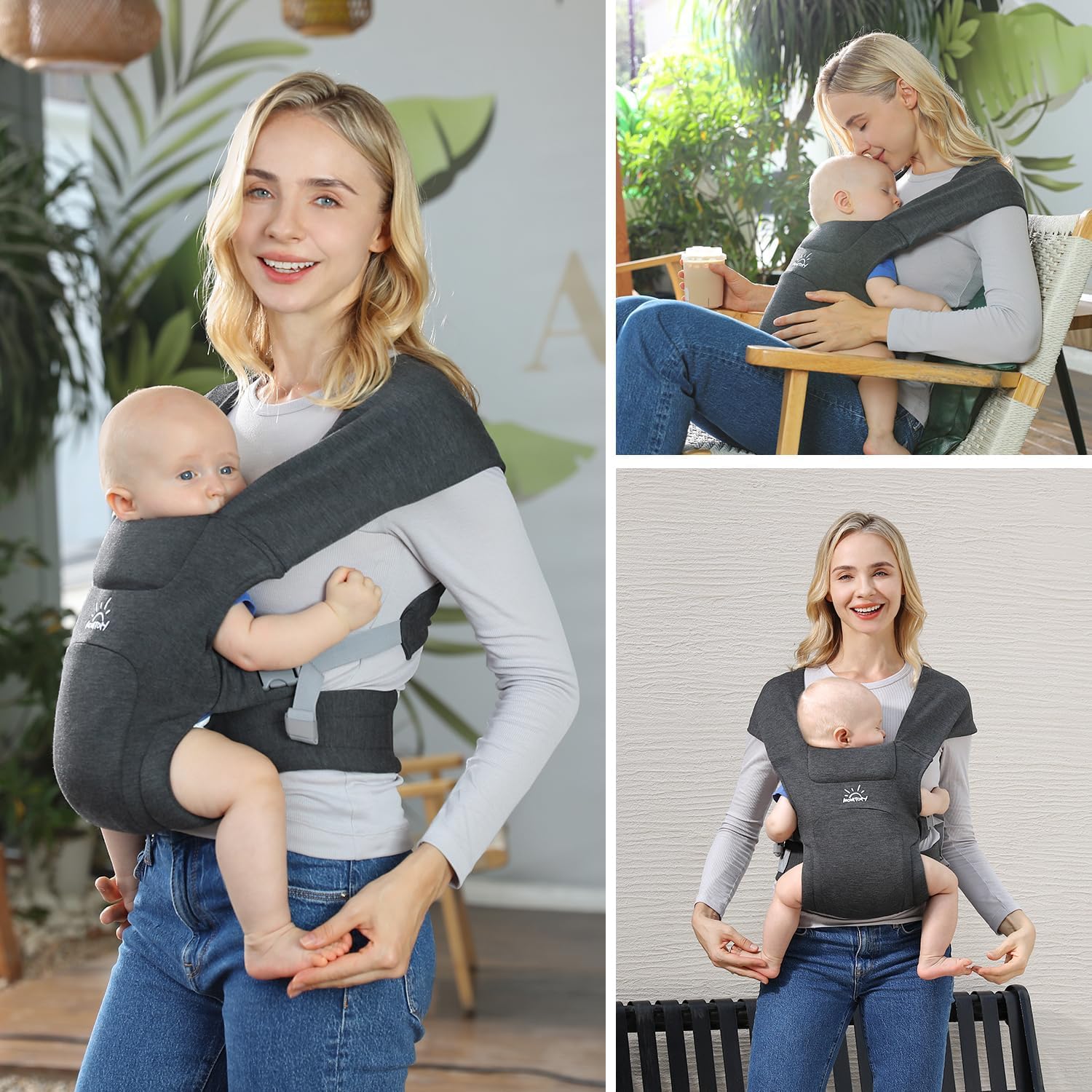 Babytrage für Neugeborene ab Geburt, MOMTORY Komfortabler Hüftsitz für Baby(3-12kg), Ergonomischer Tragetuch Neugeborenes bis Kleinkind mit Klettverschluss, Leicht Verstellbare Hüfttrage - Dunkelgrau
