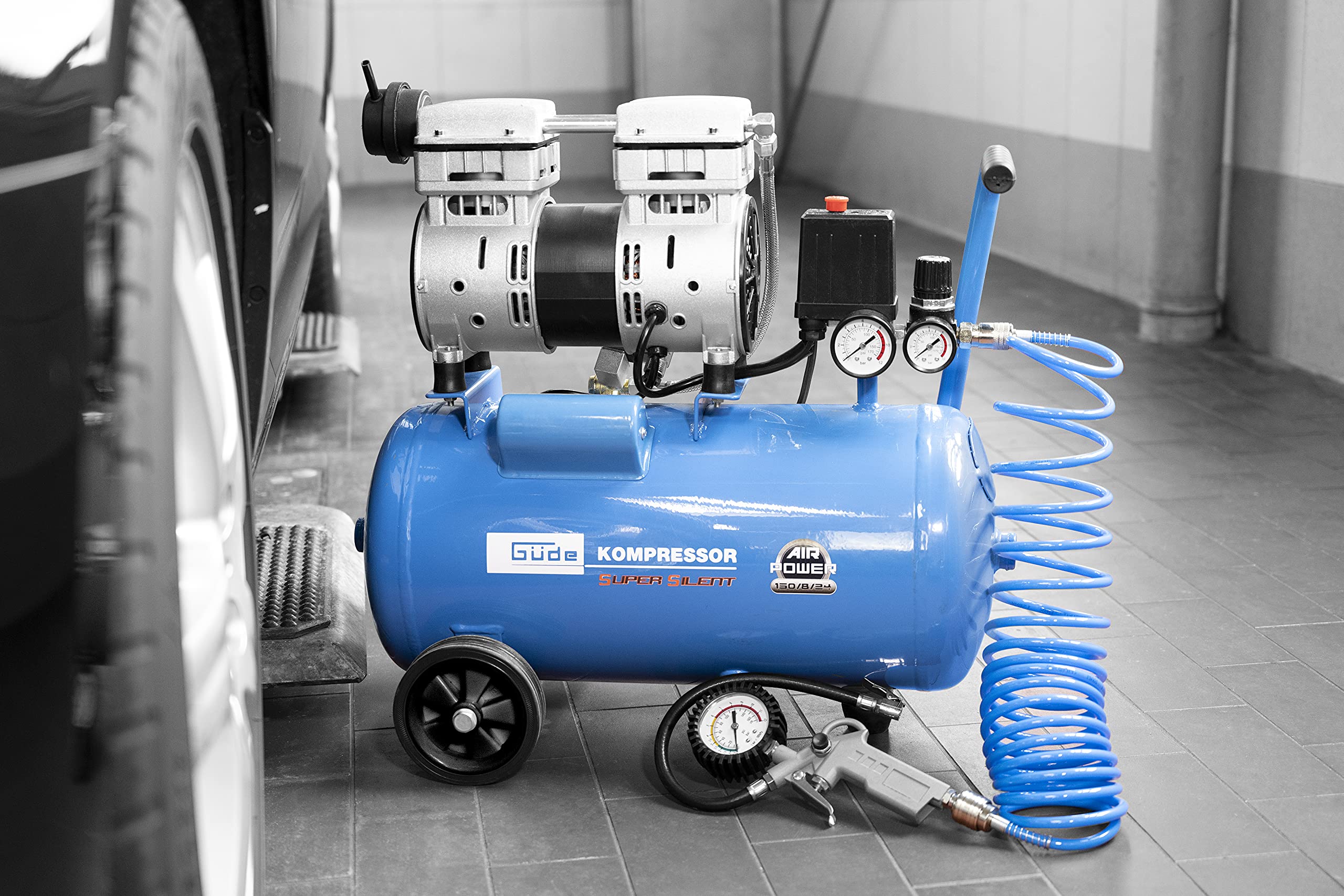 Güde Kompressor Airpower 150/8/24 SILENT (ölfrei, flüsterleise, max. 8 bar, 1100 W, 24 l Kessel , eff. Liefermenge 130 l/min, Druckminderer, 2x Manometer, Sicherheitsventil & Wasserablassschraube)