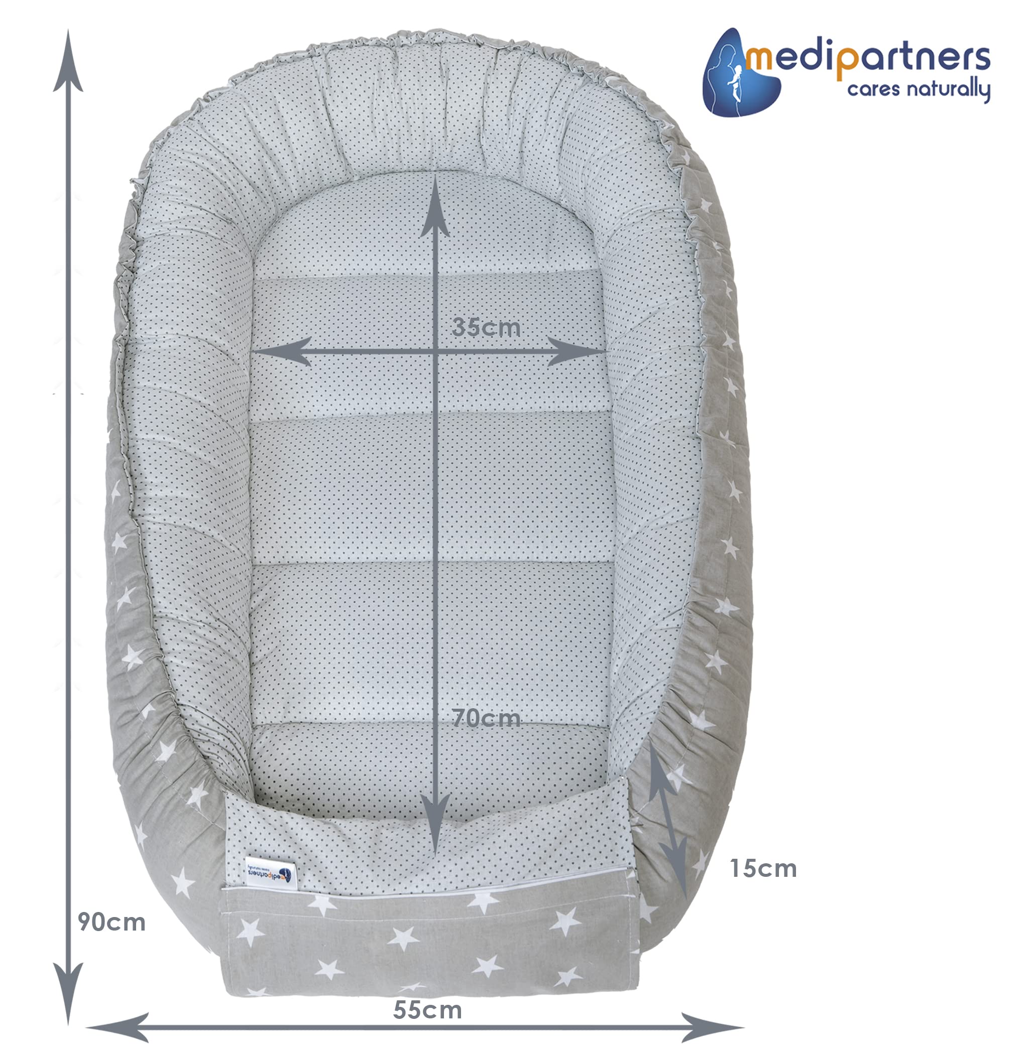 Medi Partners Babynest Nestchen für Neugeborene - 100x60x15 Babynestchen Baby zweiseitg Nest Bett 100% Baumwolle Minky Kuschelnest tragbar (graue Sternen mit graue Minky)