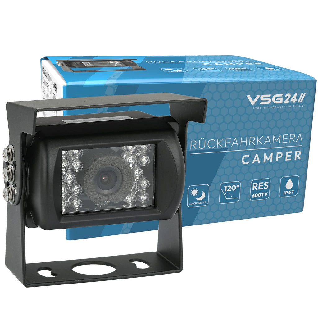 VSG24 Camper Rückfahrkamera Wohnmobil Wohnwagen/Rückfahrsystem Camera/Nachtsicht & Wetterfest/einfaches Nachrüsten Einparkhilfe Kamera hinten Frontkamera LKW Anhänger 12V-24V Set Schwarz