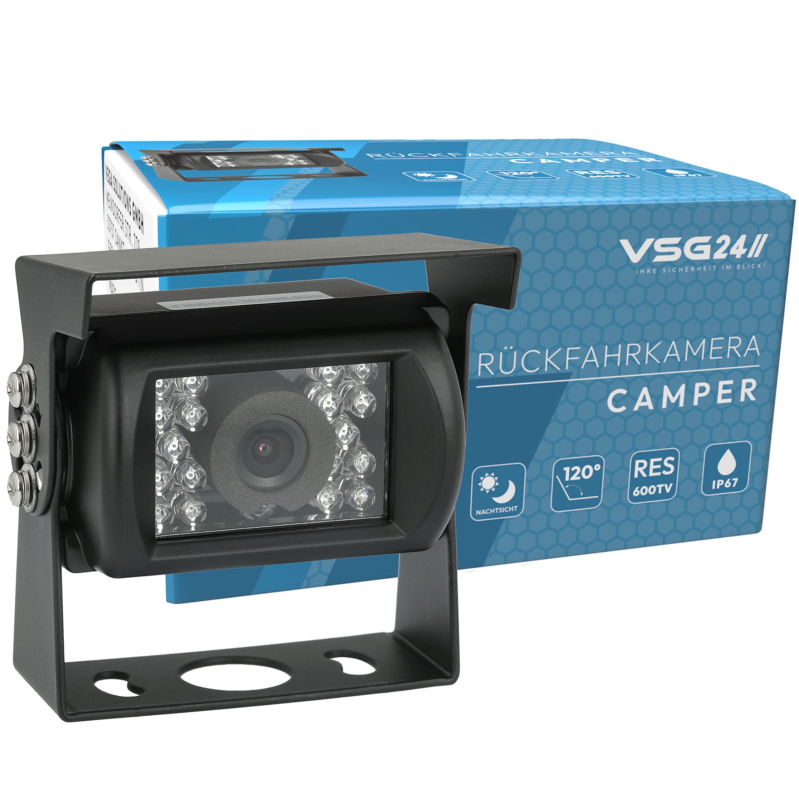 VSG24 Camper Rückfahrkamera Wohnmobil Wohnwagen/Rückfahrsystem Camera/Nachtsicht & Wetterfest/einfaches Nachrüsten Einparkhilfe Kamera hinten Frontkamera LKW Anhänger 12V-24V Set Schwarz