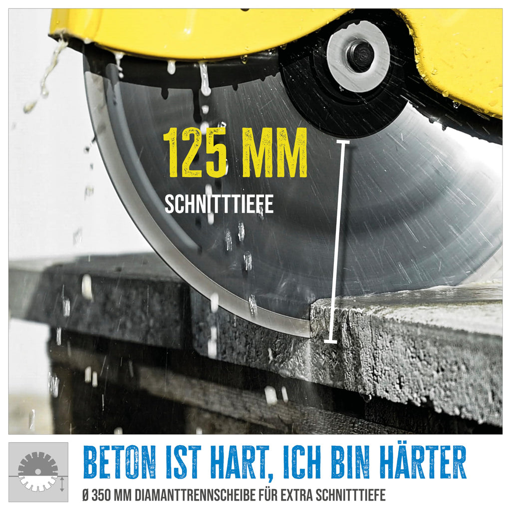 Güde Betontrennschneider GBTS 350.1 (2-Takt-Motor, 2,9/3,9 (kW/PS), 65 cm³ Hubr., 125 mm max. Schnitttiefe, 350 mm Trennscheiben-Ø, Nass und Trockenschnitt, inkl. Diamantscheibe & 3 Ersatzluftfilter)