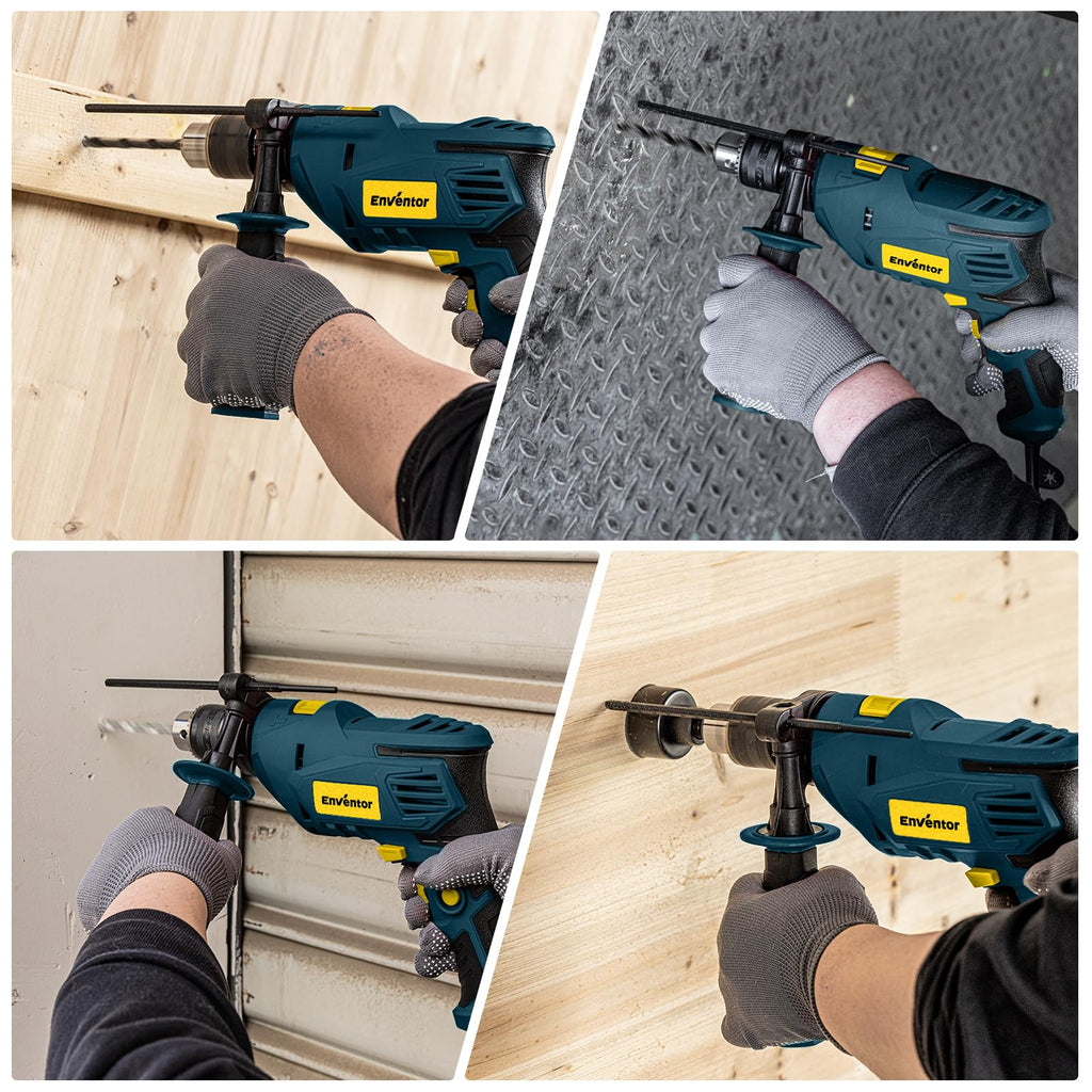 ENVENTOR 900W Schlagbohrmaschine, Elektrische Bohrmaschine mit 36 Stück Zubehör, 2-in-1 Funktion, 0–3000 RPM, 360° Zusatzgriff, 13mm Bohrfutter, für Beton, Metall und Holz