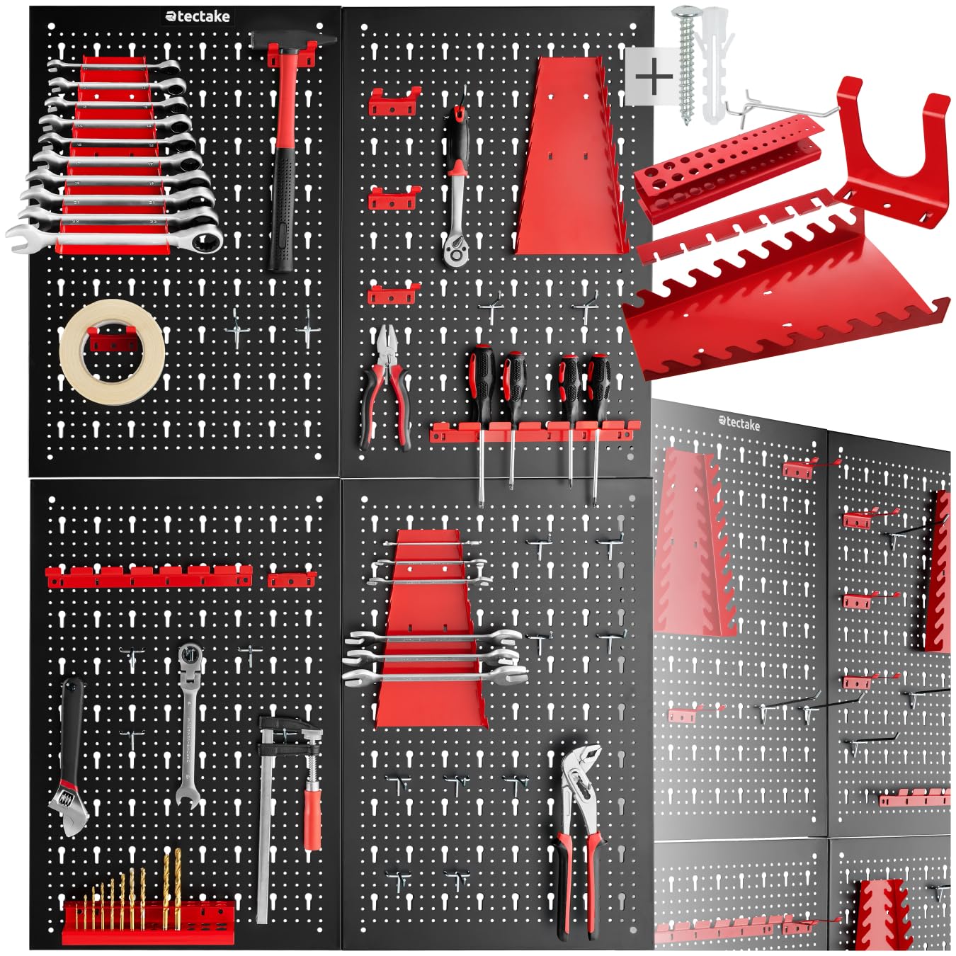 tectake® Werkzeug Lochwand aus Metall, 160 x 60 x 2 cm, Werkzeugwand Lochplatte, inkl. Werkzeughalter Set Haken und Halterungen, Wandregal Regalsystem für Werkbank, Garage, Werkstatteinrichtung - 4tlg