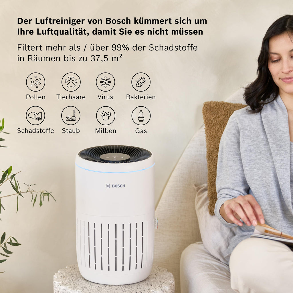 Bosch Air 2000 Luftreiniger - Für Räume bis zu 37,5 m² - Entfernt effizient Schadstoffe - Mit 3-in-1 Luftfilter, Smart Sensor, Automatikmodus, Ruhemodus (< 25 dB(A)) - CADR: 180 m³/h