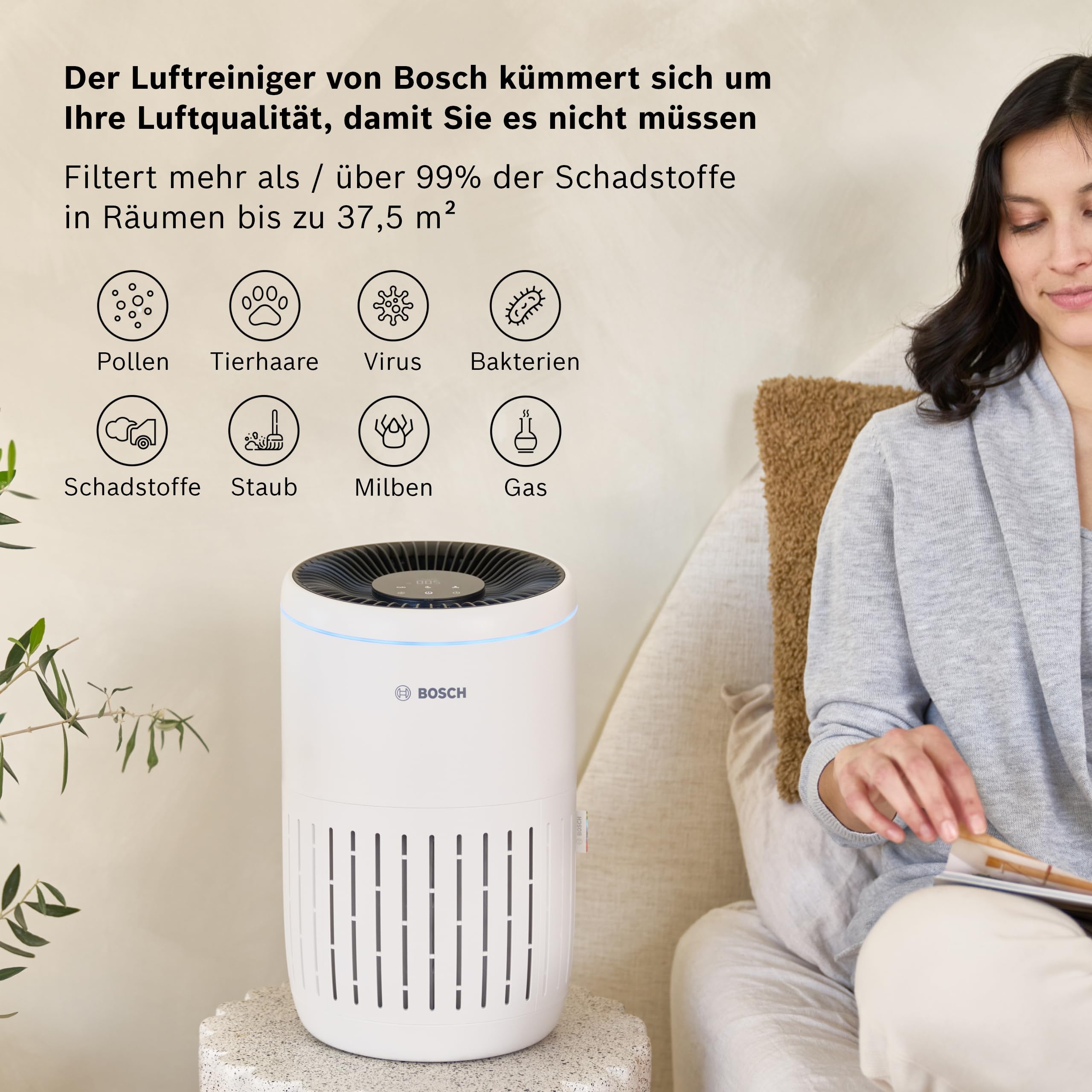 Bosch Air 2000 Luftreiniger - Für Räume bis zu 37,5 m² - Entfernt effizient Schadstoffe - Mit 3-in-1 Luftfilter, Smart Sensor, Automatikmodus, Ruhemodus (< 25 dB(A)) - CADR: 180 m³/h