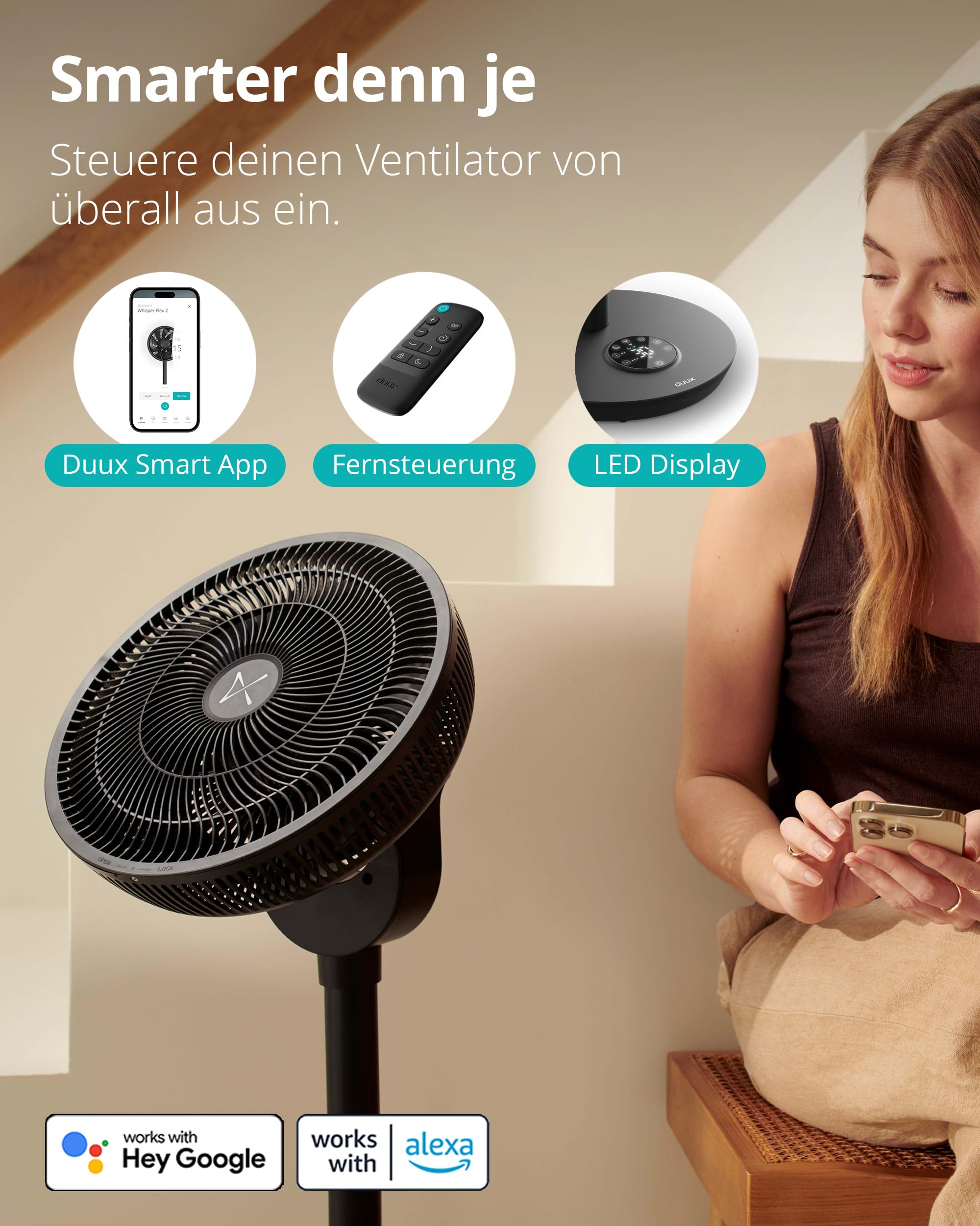 Duux Whisper Flex 2 Smart Ventilator – flüsterleise 13 dB – Nachtmodus & Timer – höhenverstellbar (54–92 cm) – energieeffizient ab 2W – App & Fernbedienung – Schwarz