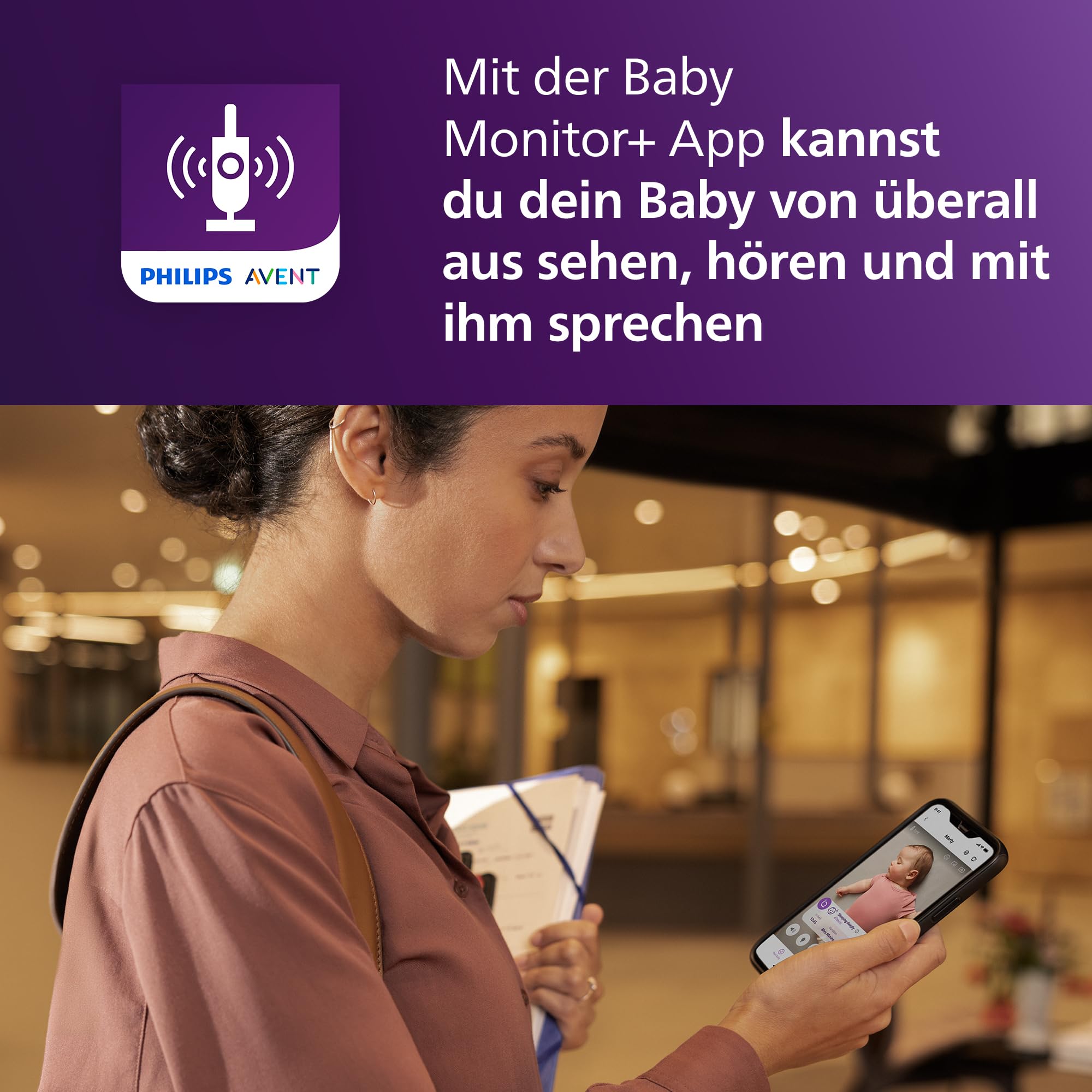 Philips AVENT Philips Premium Connected Videophone, das bisher Beste Babyphone, Schlaf- und Atmungs-Tracking mit KI, Schrei-Interpretation, DEKRA Zertifiziert privat und sicher, SCD973/26