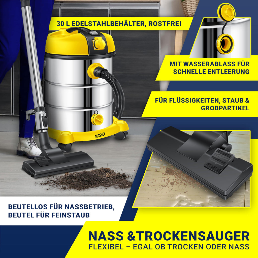 MASKO® Industriestaubsauger Staubsauger Nass Trocken Sauger Edelstahl 2300W + Steckdose, Blasfunktion, Saugschlauch & Nass-Saugen, Push&Clean, Industriesauger mit & ohne Beutel, Inkl Filter beutellos