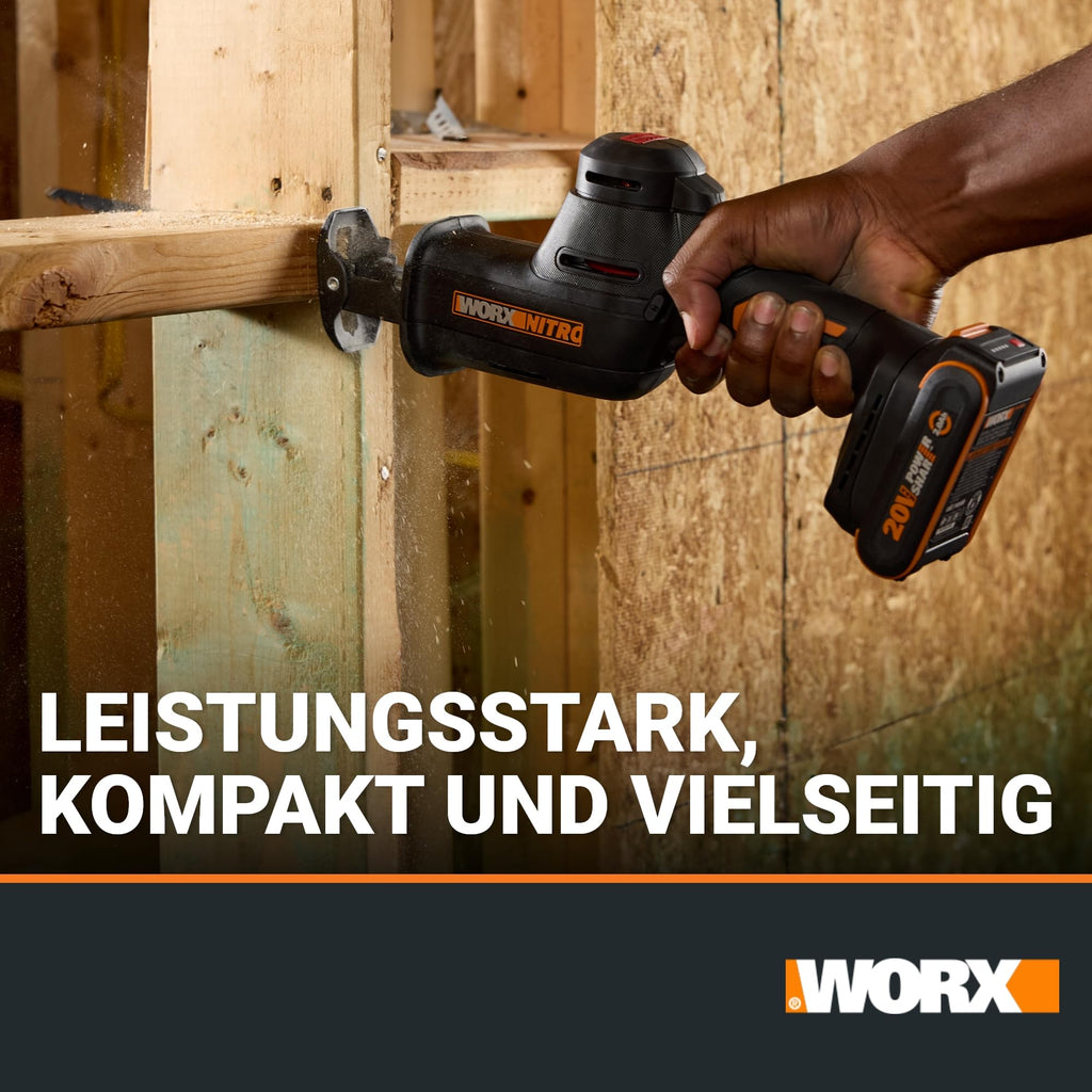 WORX WX501.9 Akku-Säbelsäge 20V – leistungsstarke Brushless Motor – 26mm Hublänge – 0-3000/min Leerlaufdrehzahl– leicht & kompakt – werkzeugloser Messerwechsel – LED Licht – ohne Akku & Ladegerät